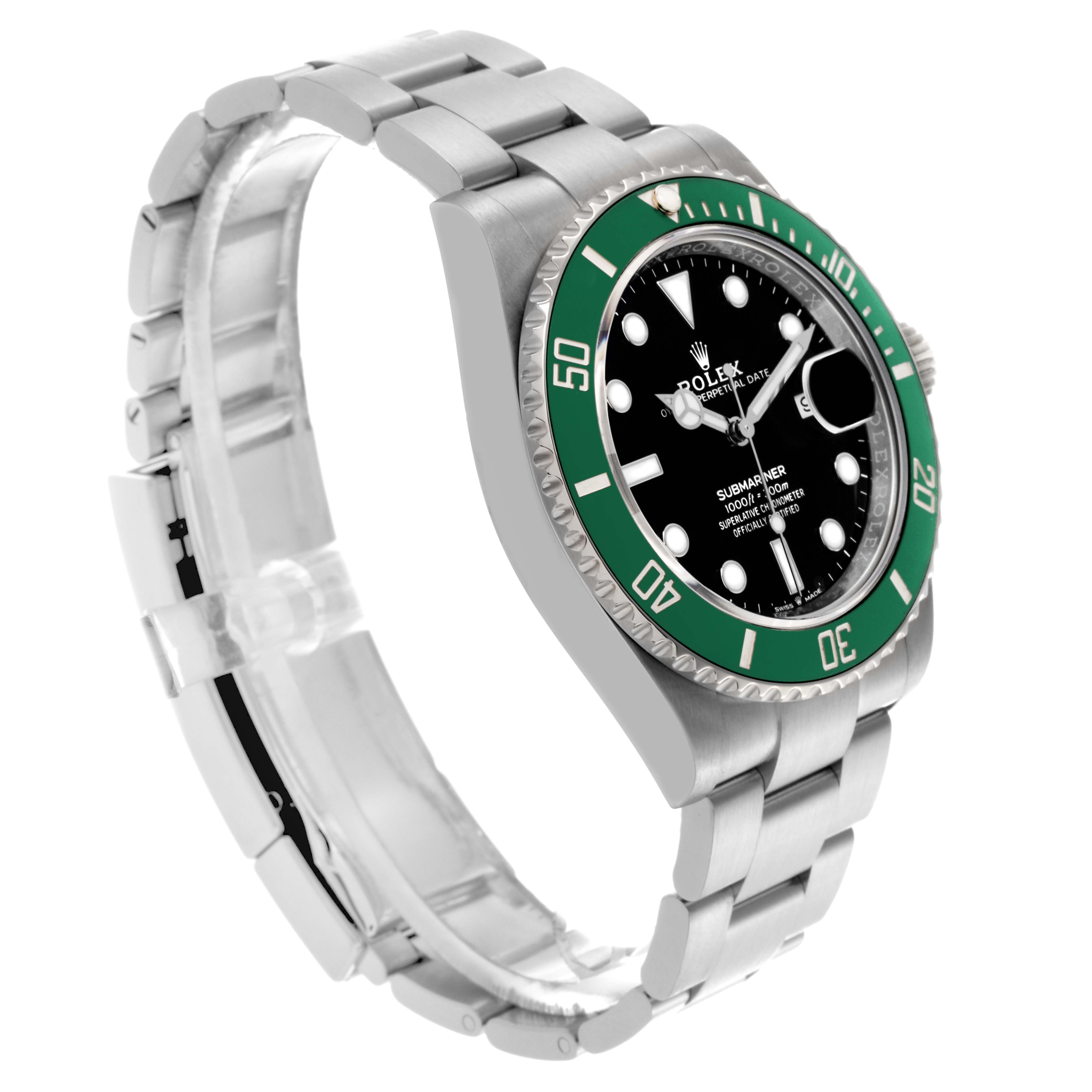The Rolex Submariner 126610LV Men's Stainless Steel Black Dial 126610LV Men's Stainless Steel Black Dial watch is shown at a three-quarter angle, highlighting its green bezel, black dial, and metal bracelet.