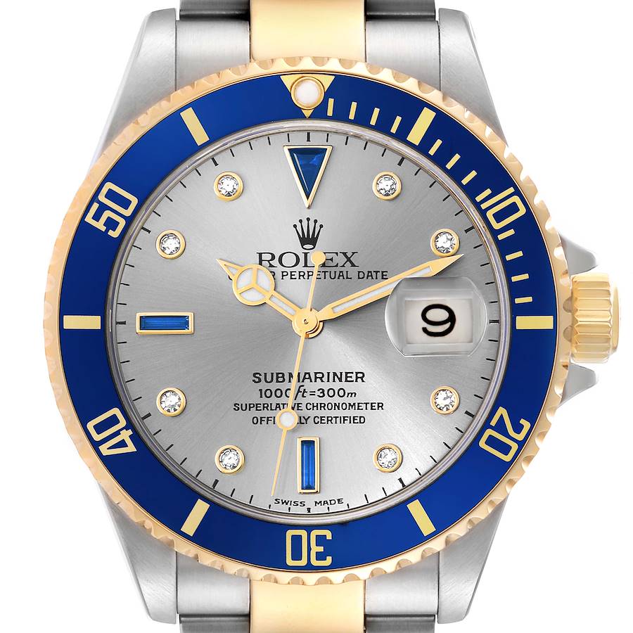 Rolex Submariner Steel Yellow Gold Diamond Sapphire Serti Dial Mens Watch 16613 Box Papers SwissWatchExpo