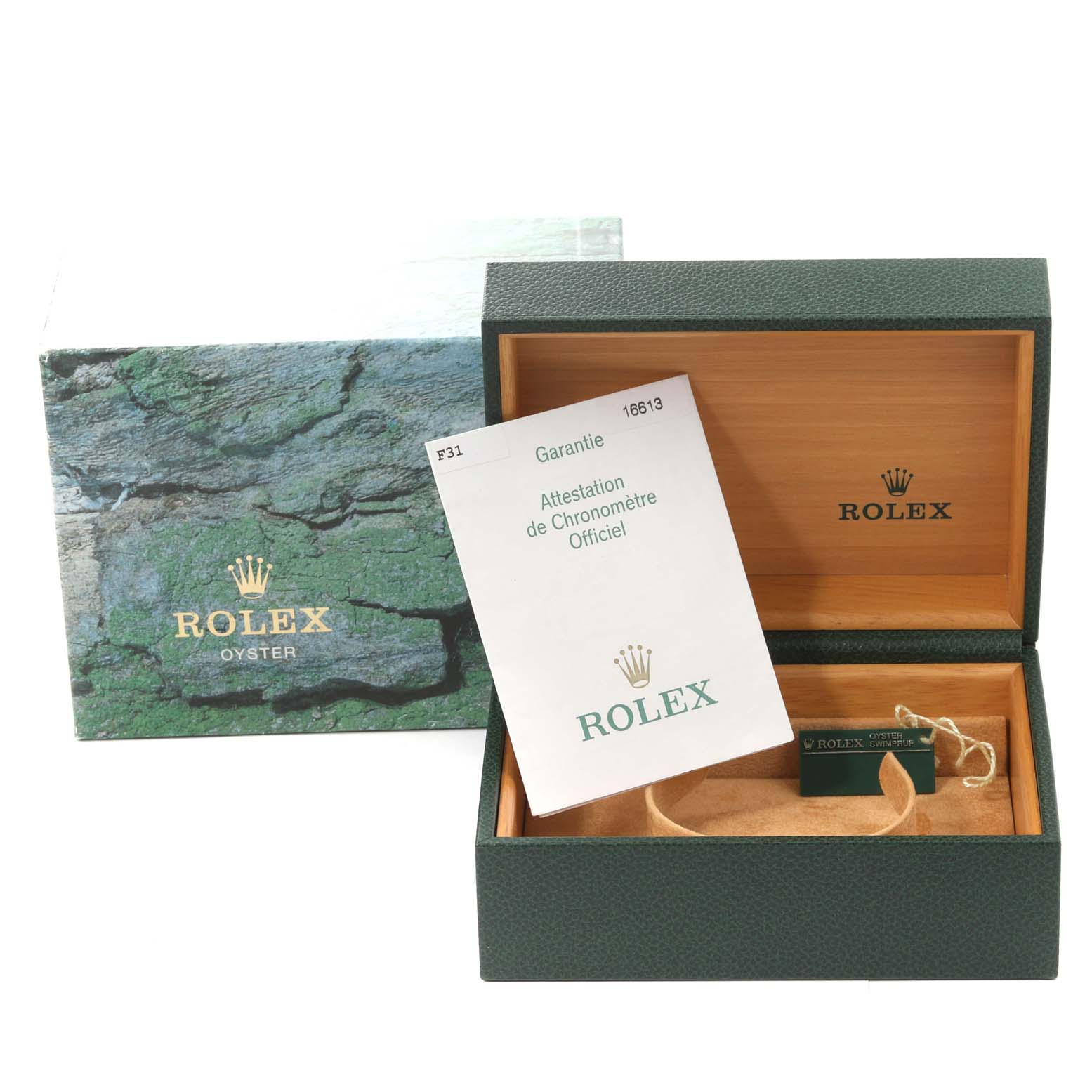 The image shows a Rolex Submariner 16613 Men
s Steel and Gold (two tone) Grey Dial 16613 Men
s Steel and Gold (two tone) Grey Dial box with the certificate, both displayed from a front angle.