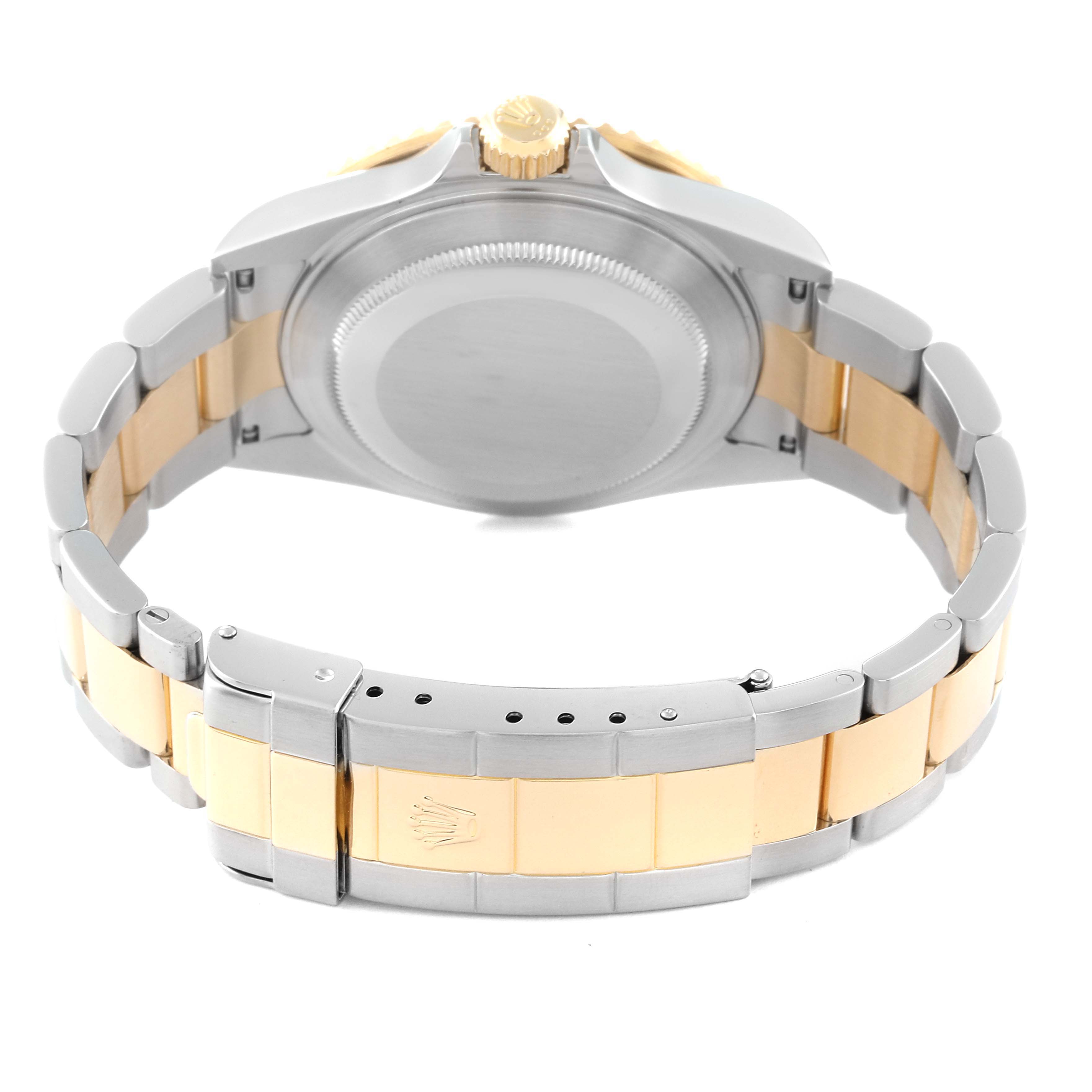 The image shows the back view of a Rolex Submariner 16613 Men
s Steel and Gold (two tone) Grey Dial 16613 Men
s Steel and Gold (two tone) Grey Dial watch, featuring the case back, bracelet, and clasp.