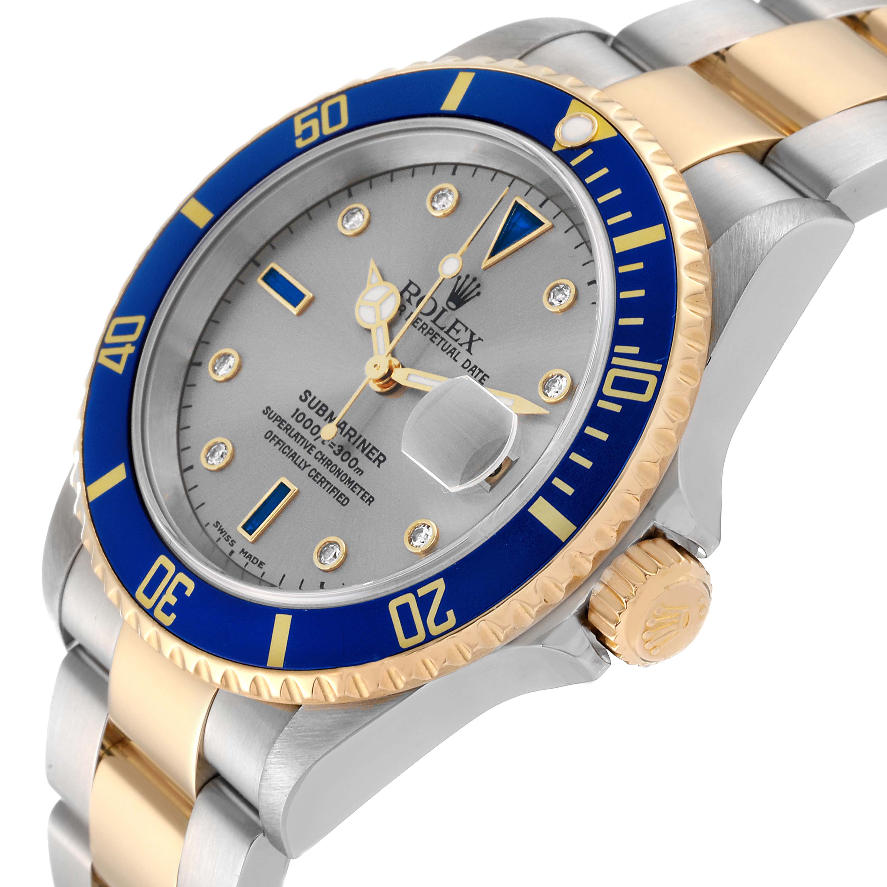 This image shows a close-up angled view of a Rolex Submariner 16613 Men
s Steel and Gold (two tone) Grey Dial 16613 Men
s Steel and Gold (two tone) Grey Dial watch, highlighting the bezel, dial, hands, and bracelet.