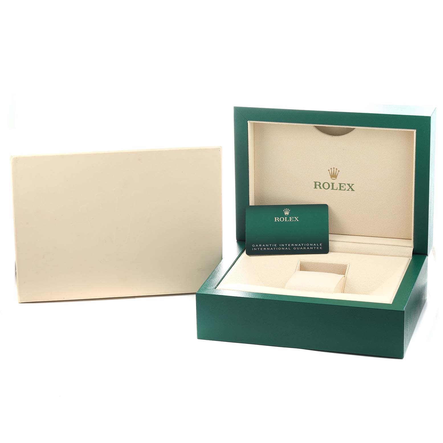 The image shows a Rolex Yacht-Master 126621 Men's Steel and Gold (two tone) Black Dial watch box, open at an angle with the guarantee card displayed inside.