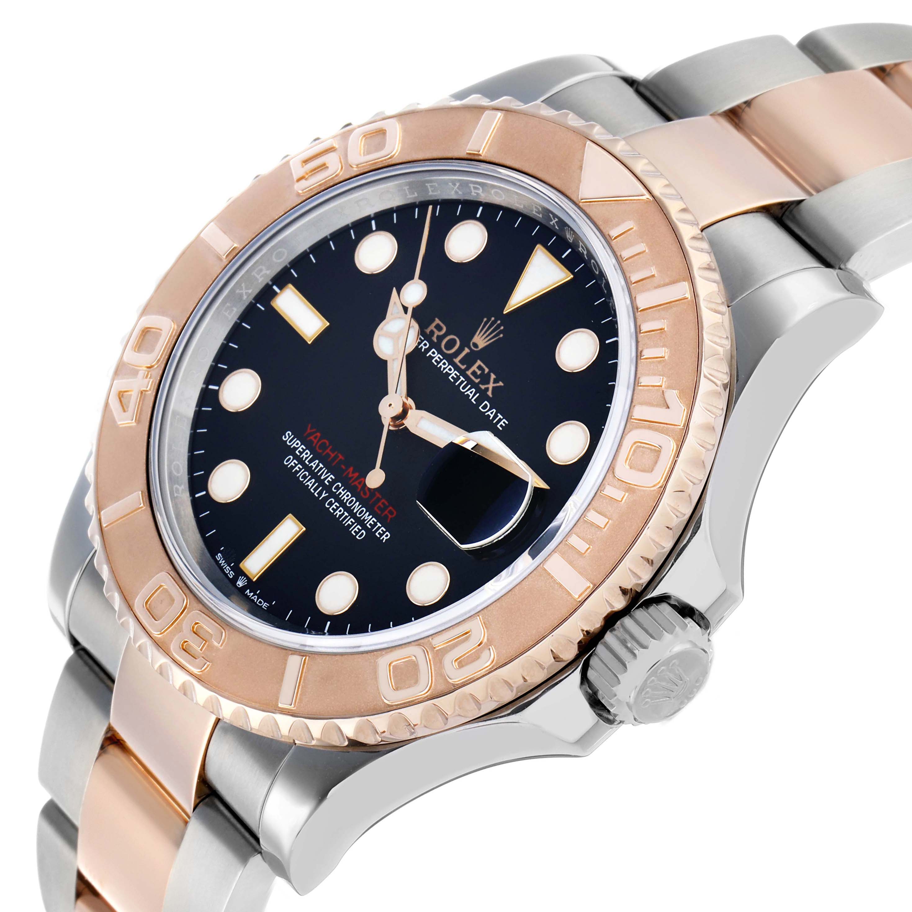 The Rolex Yacht-Master 126621 Men's Steel and Gold (two tone) Black Dial watch is shown at an angle displaying its rose gold bezel, blue dial, and a portion of its two-tone bracelet.