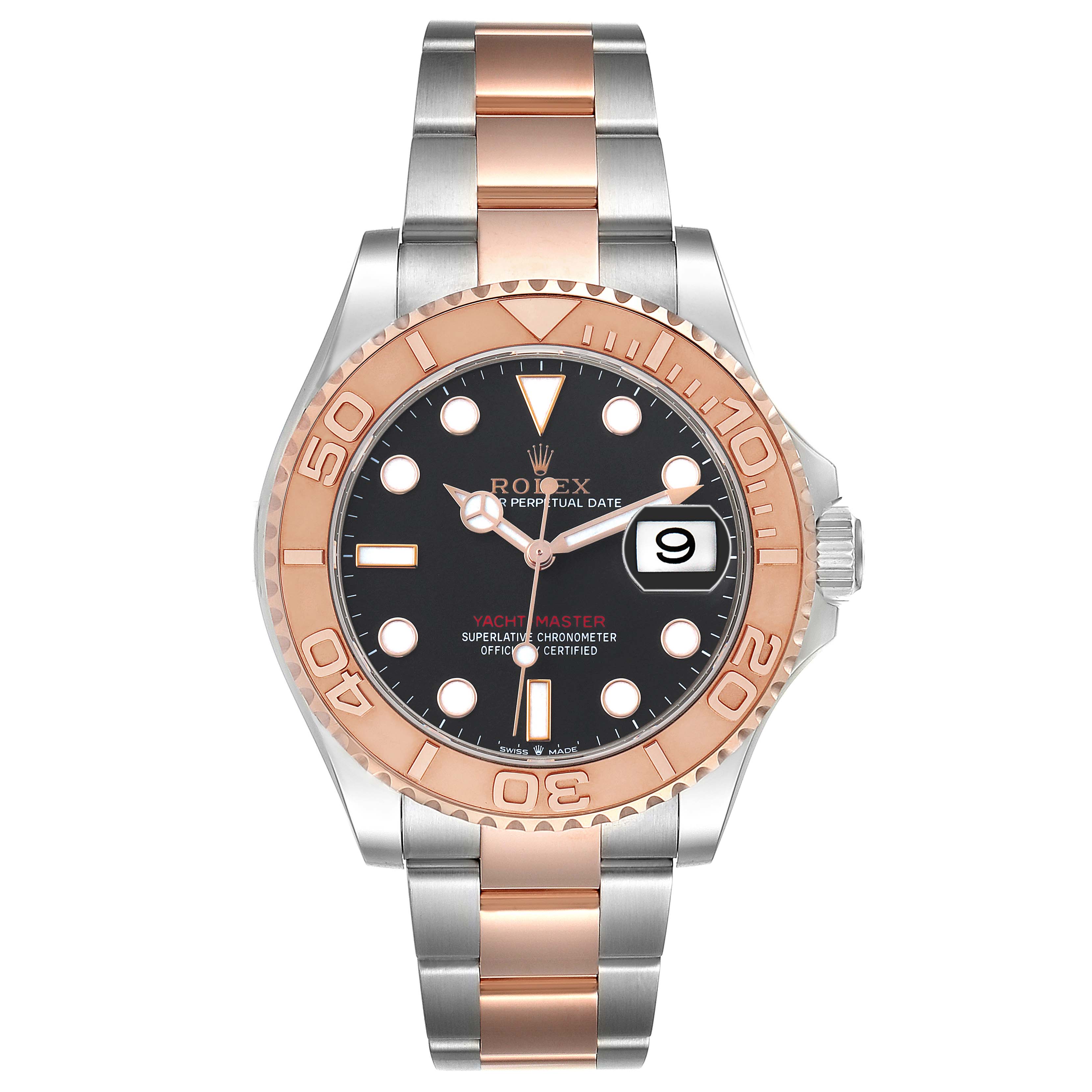 The Rolex Yacht-Master 126621 Men's Steel and Gold (two tone) Black Dial watch is shown from the front, displaying its dial, bezel, and bracelet.