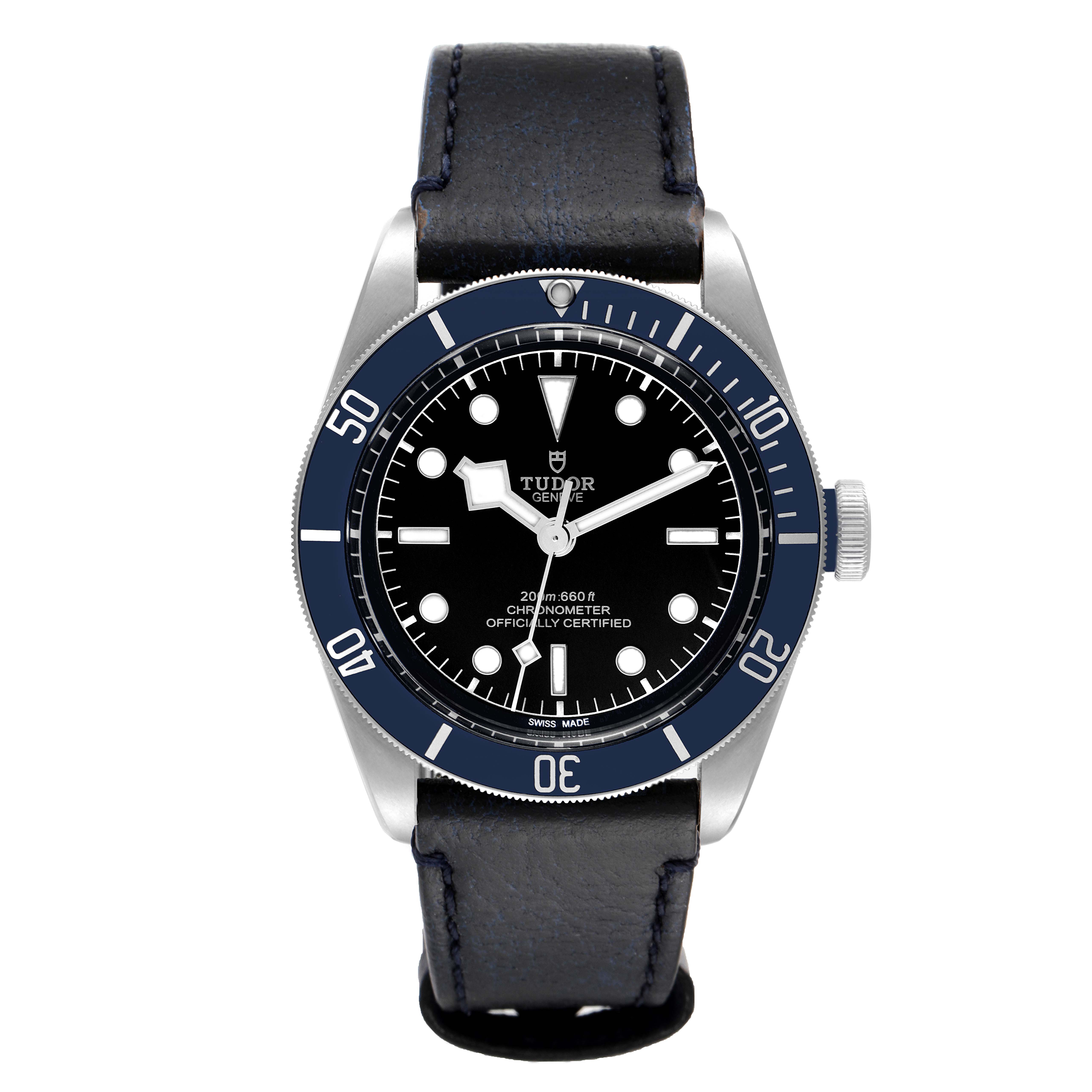 The image shows the front view of a Tudor Heritage Black Bay 79230B Men's Stainless Steel Black Dial 79230B Men's Stainless Steel Black Dial watch, featuring its dial, bezel, and strap.