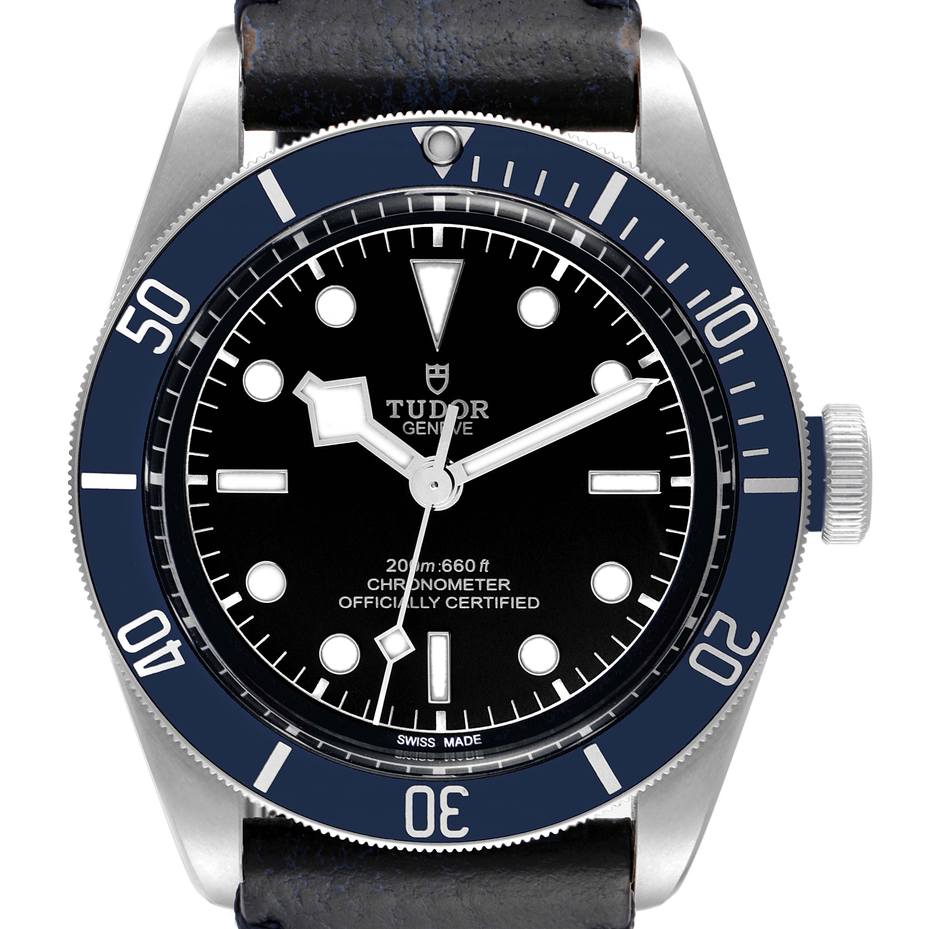 The image shows a front view of the Tudor Heritage Black Bay 79230B Men's Stainless Steel Black Dial 79230B Men's Stainless Steel Black Dial watch, highlighting its dial, bezel, and crown.