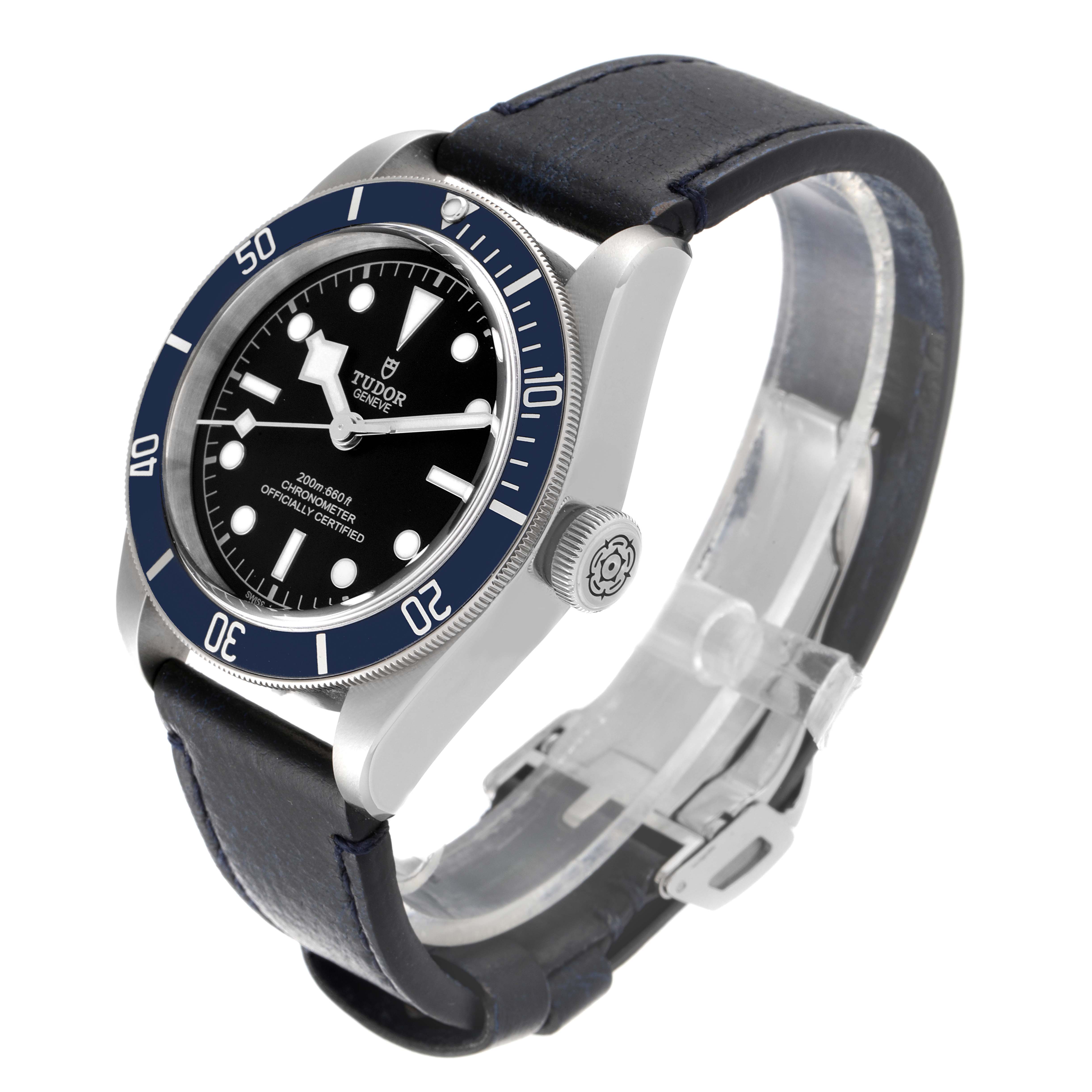 This image shows a side and front angle of the Tudor Heritage Black Bay 79230B Men's Stainless Steel Black Dial 79230B Men's Stainless Steel Black Dial watch, displaying the face, bezel, crown, and strap.