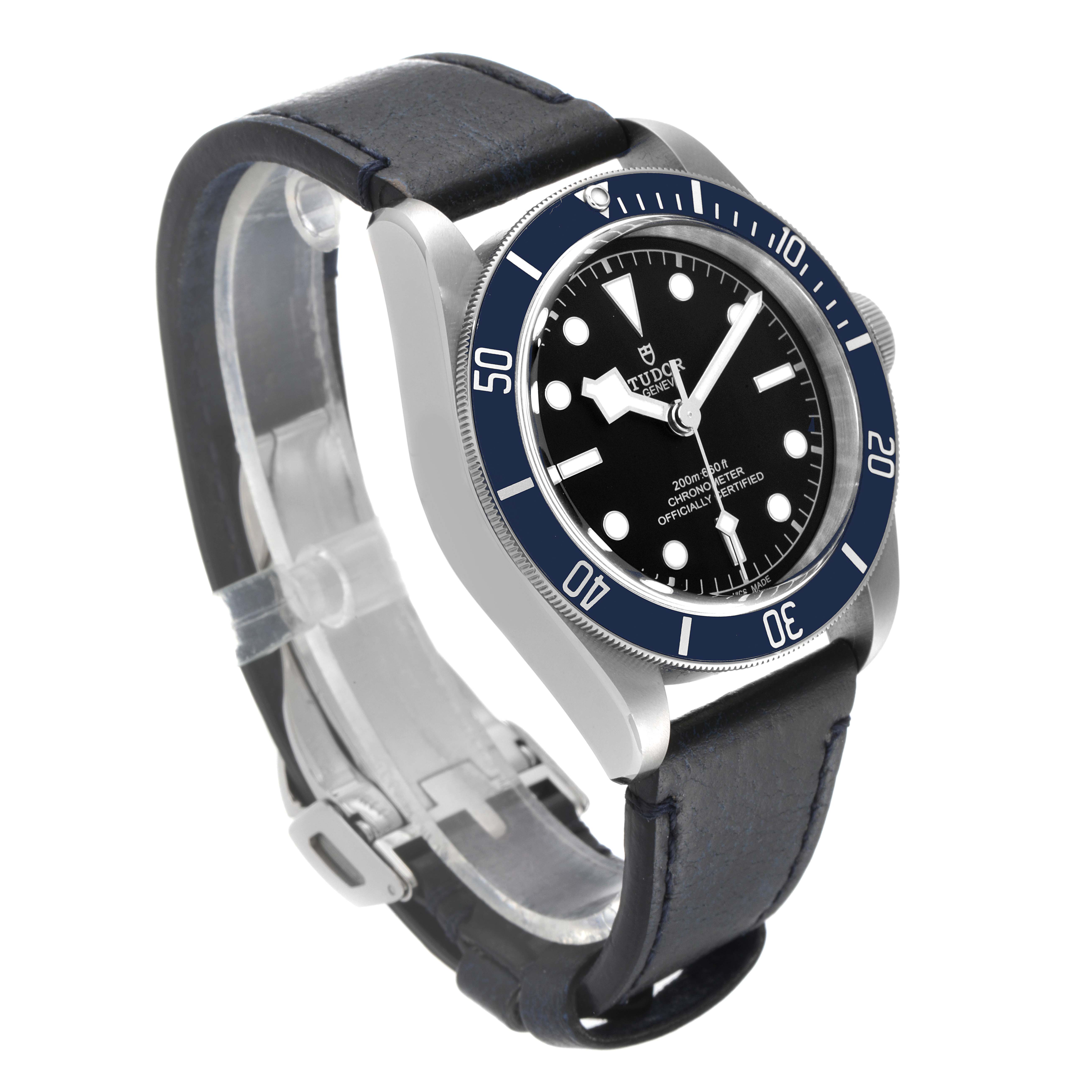 The image shows a Tudor Heritage Black Bay 79230B Men's Stainless Steel Black Dial 79230B Men's Stainless Steel Black Dial watch at a three-quarter angle, highlighting its bezel, dial, and leather strap.