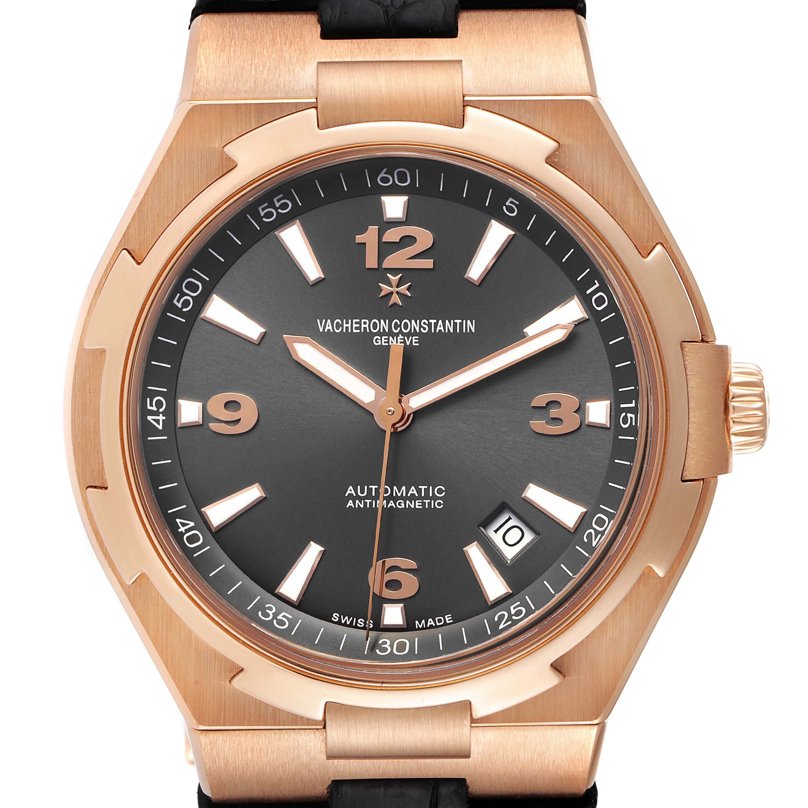 The image shows a front view of the dial and case of the Vacheron Constantin Overseas 47040/000R-9666 Men's Rose Gold Black Dial 47040/000R-9666 Men's Rose Gold Black Dial model watch.