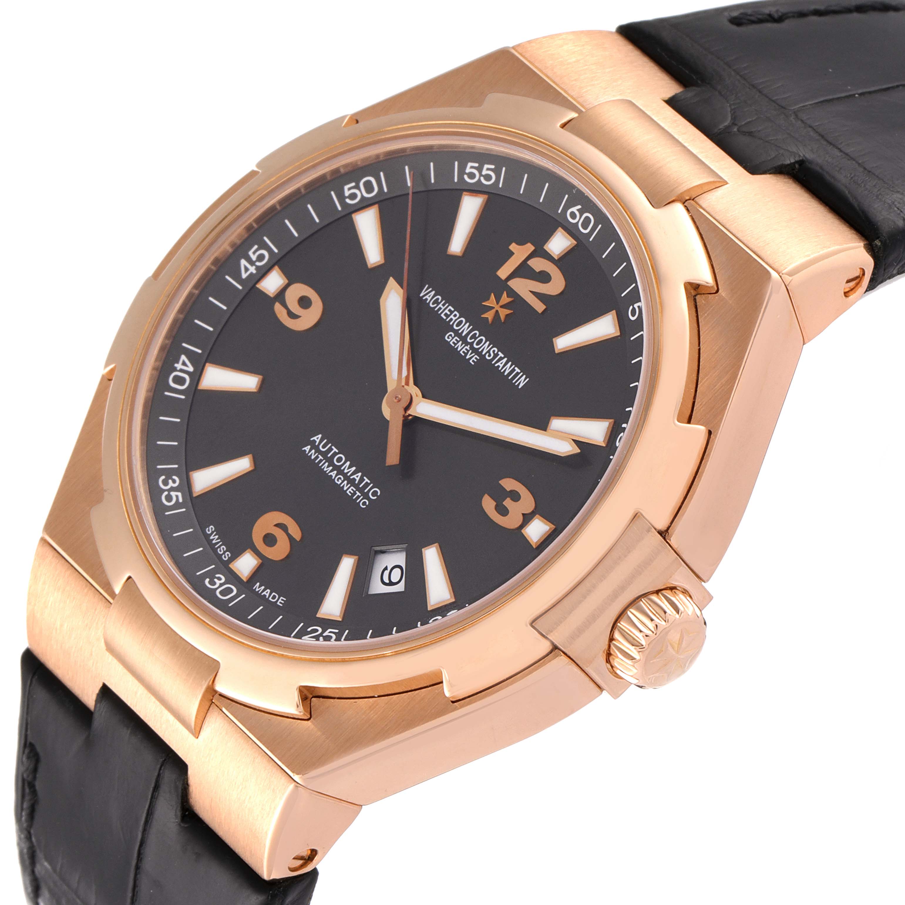 The image shows a Vacheron Constantin Overseas 47040/000R-9666 Men's Rose Gold Black Dial 47040/000R-9666 Men's Rose Gold Black Dial watch at a slight angle, highlighting the face, bezel, crown, and strap.