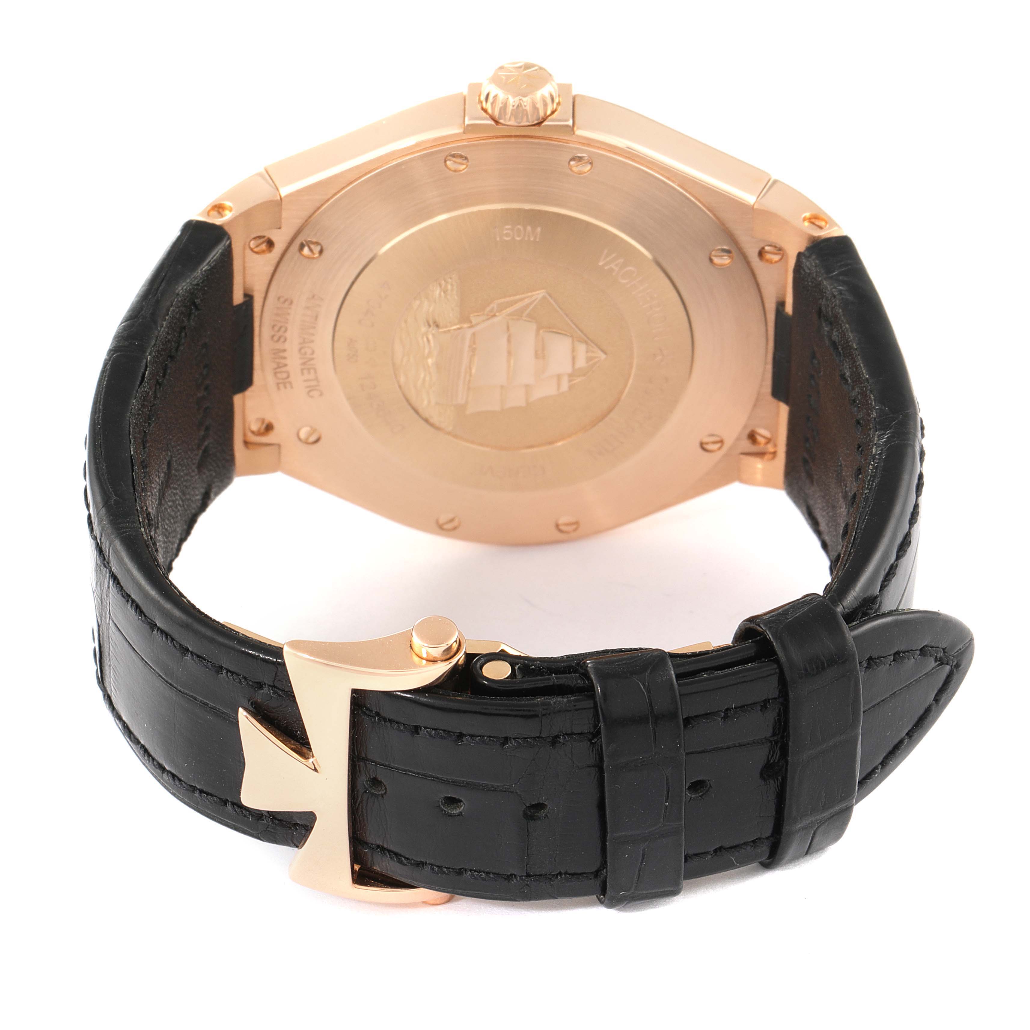 This image shows the back case and strap buckle of the Vacheron Constantin Overseas 47040/000R-9666 Men's Rose Gold Black Dial 47040/000R-9666 Men's Rose Gold Black Dial watch.