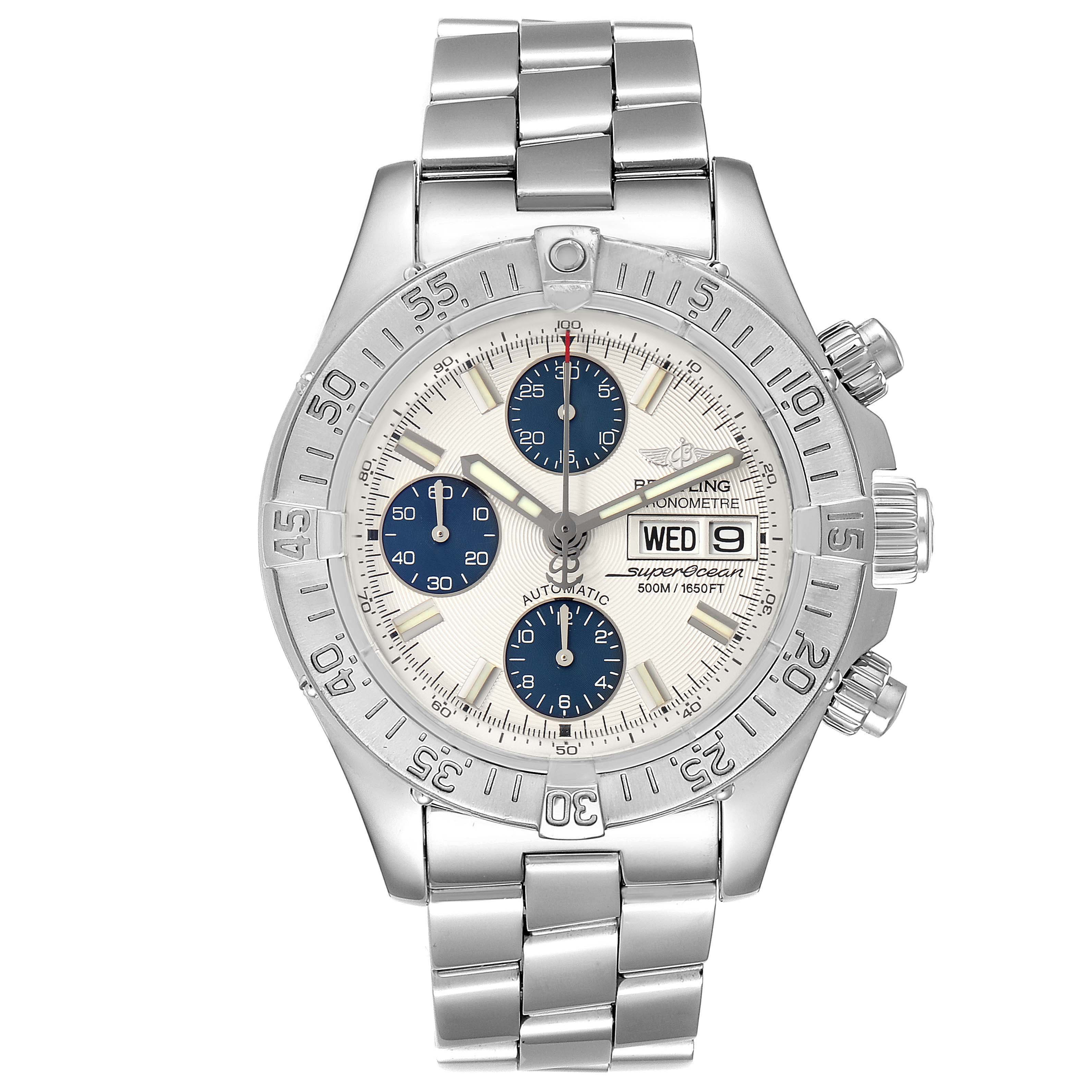 This image shows a frontal view of a Breitling Superocean A13340 Men's Stainless Steel Beige Dial A13340 Men's Stainless Steel Beige Dial watch, displaying its dial, bezel, and bracelet.