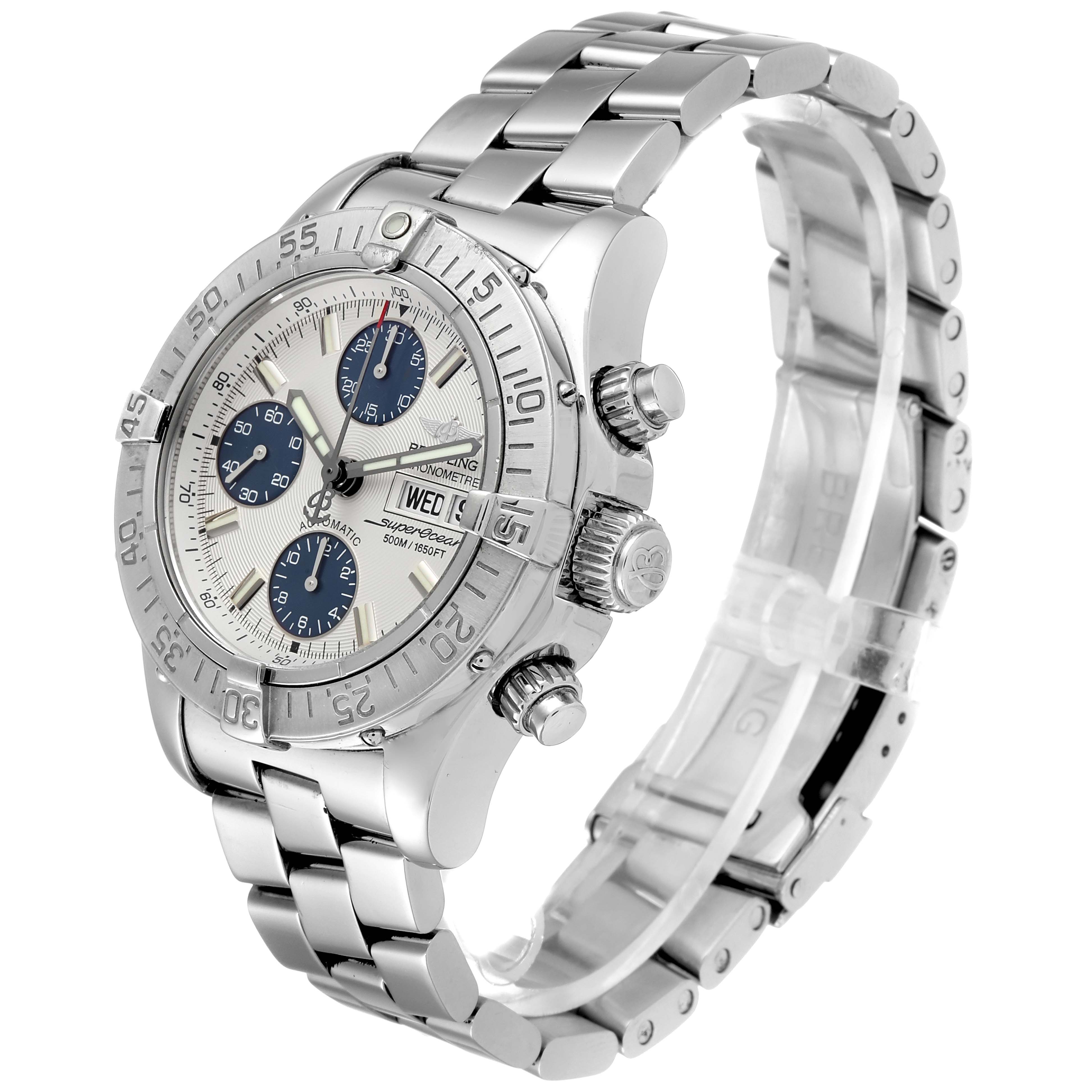 The image shows a Breitling Superocean A13340 Men's Stainless Steel Beige Dial A13340 Men's Stainless Steel Beige Dial watch, angled to display the face, bezel, crown, chronograph buttons, and bracelet.