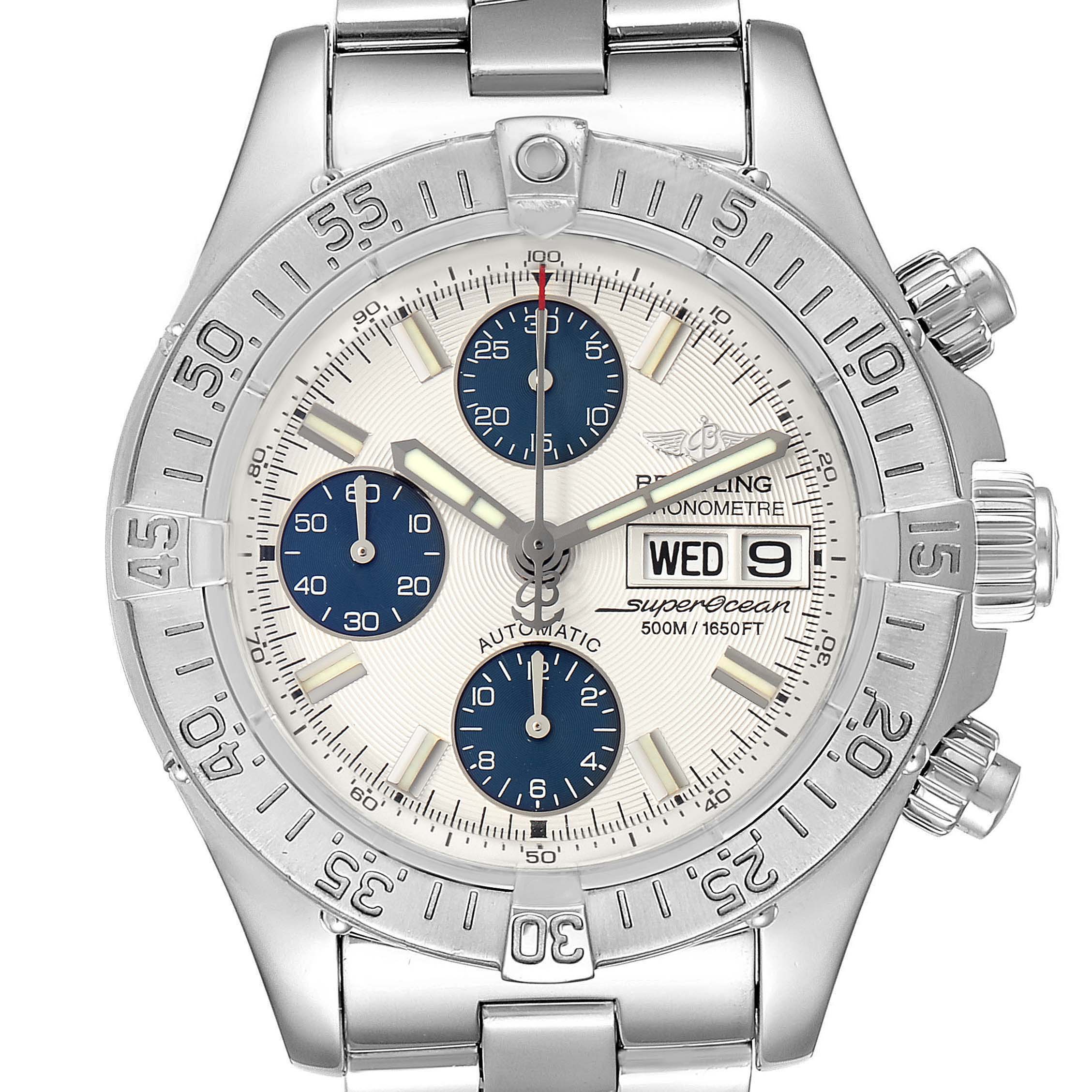 The Breitling Superocean A13340 Men's Stainless Steel Beige Dial A13340 Men's Stainless Steel Beige Dial watch is shown from the front, displaying its dial, bezel, and part of the bracelet.