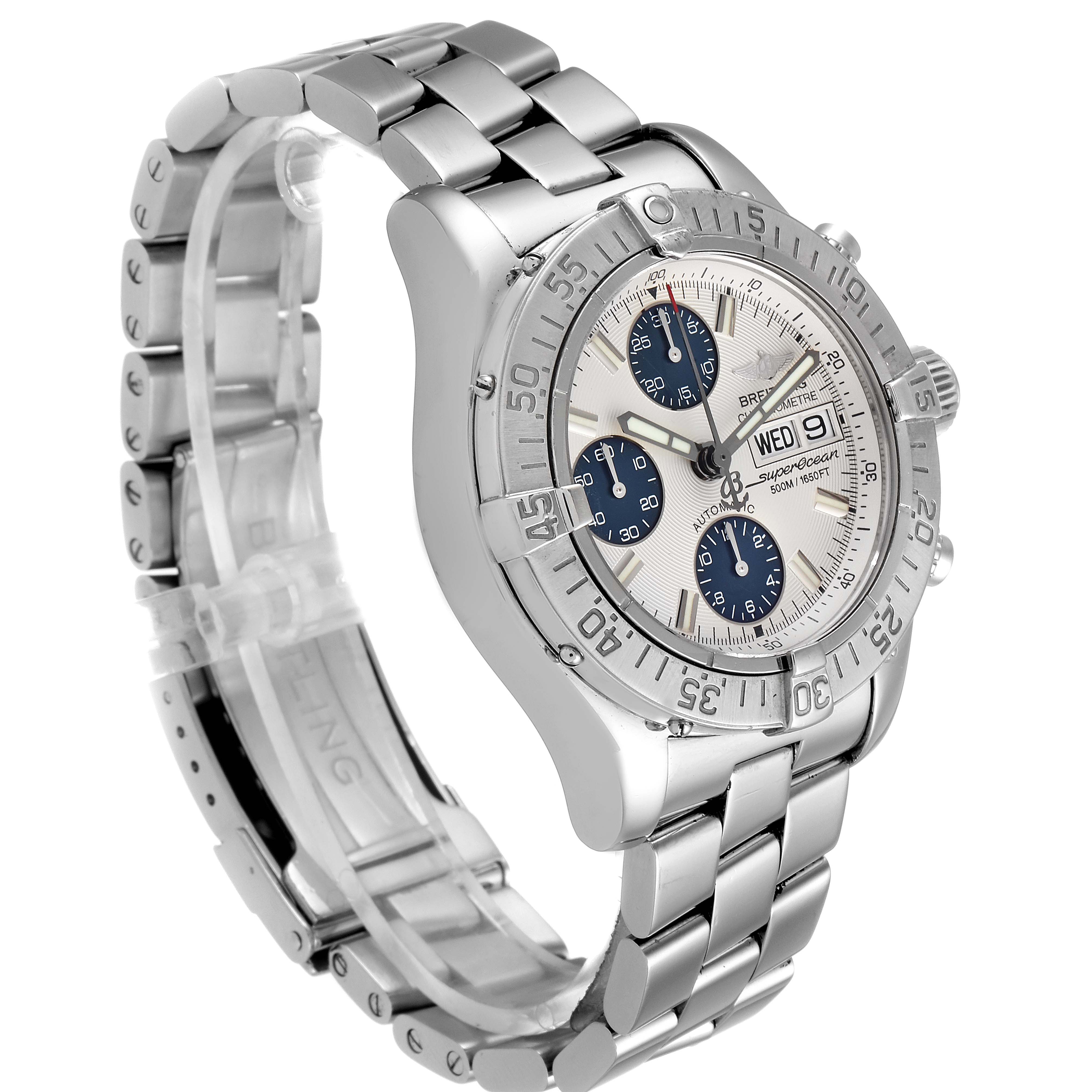 The Breitling Superocean A13340 Men's Stainless Steel Beige Dial A13340 Men's Stainless Steel Beige Dial watch is shown at a front-side angle, displaying its dial, bezel, and stainless steel bracelet.