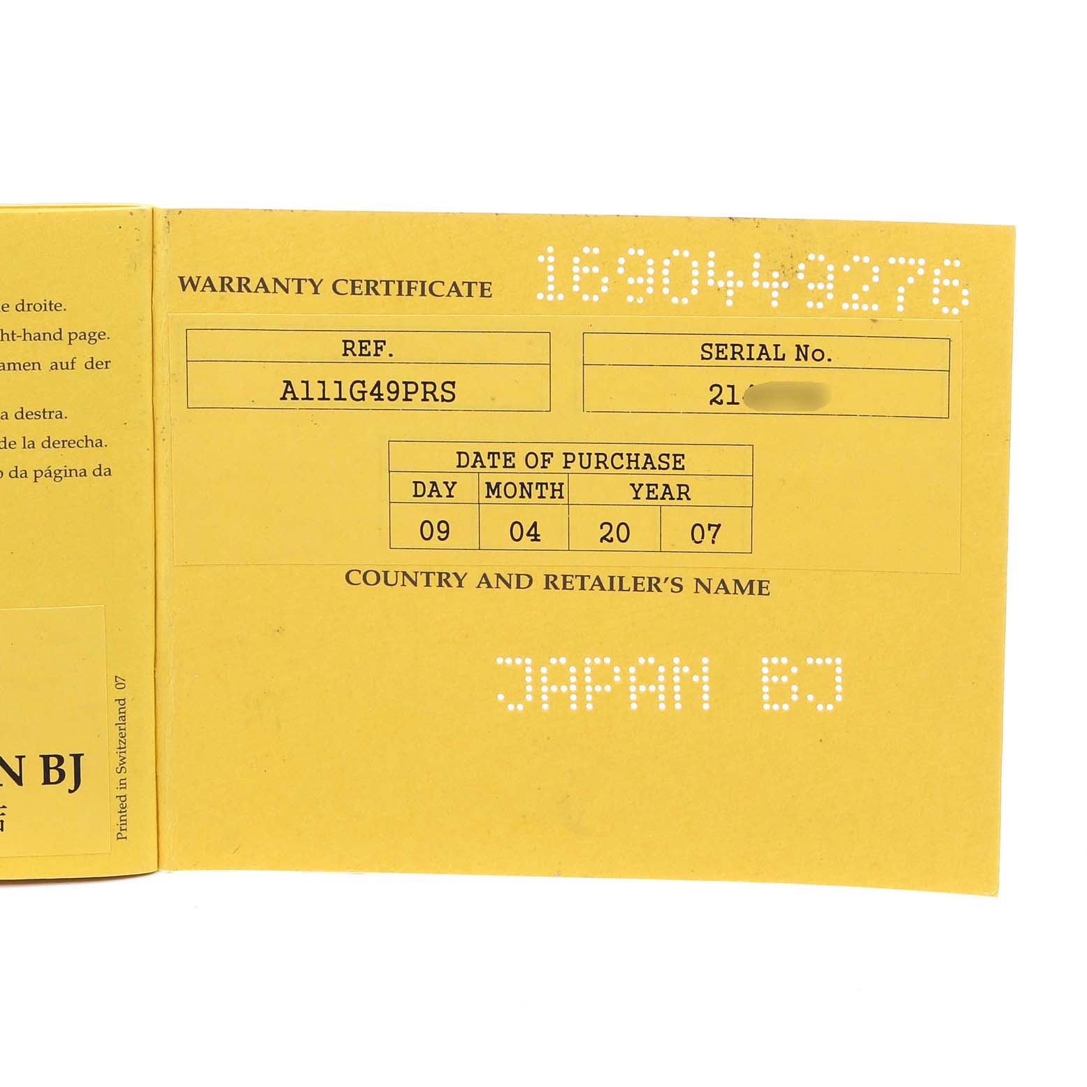 This image shows an open warranty certificate for the Breitling Superocean A13340 Men's Stainless Steel Beige Dial A13340 Men's Stainless Steel Beige Dial watch with specific details like reference and serial numbers.