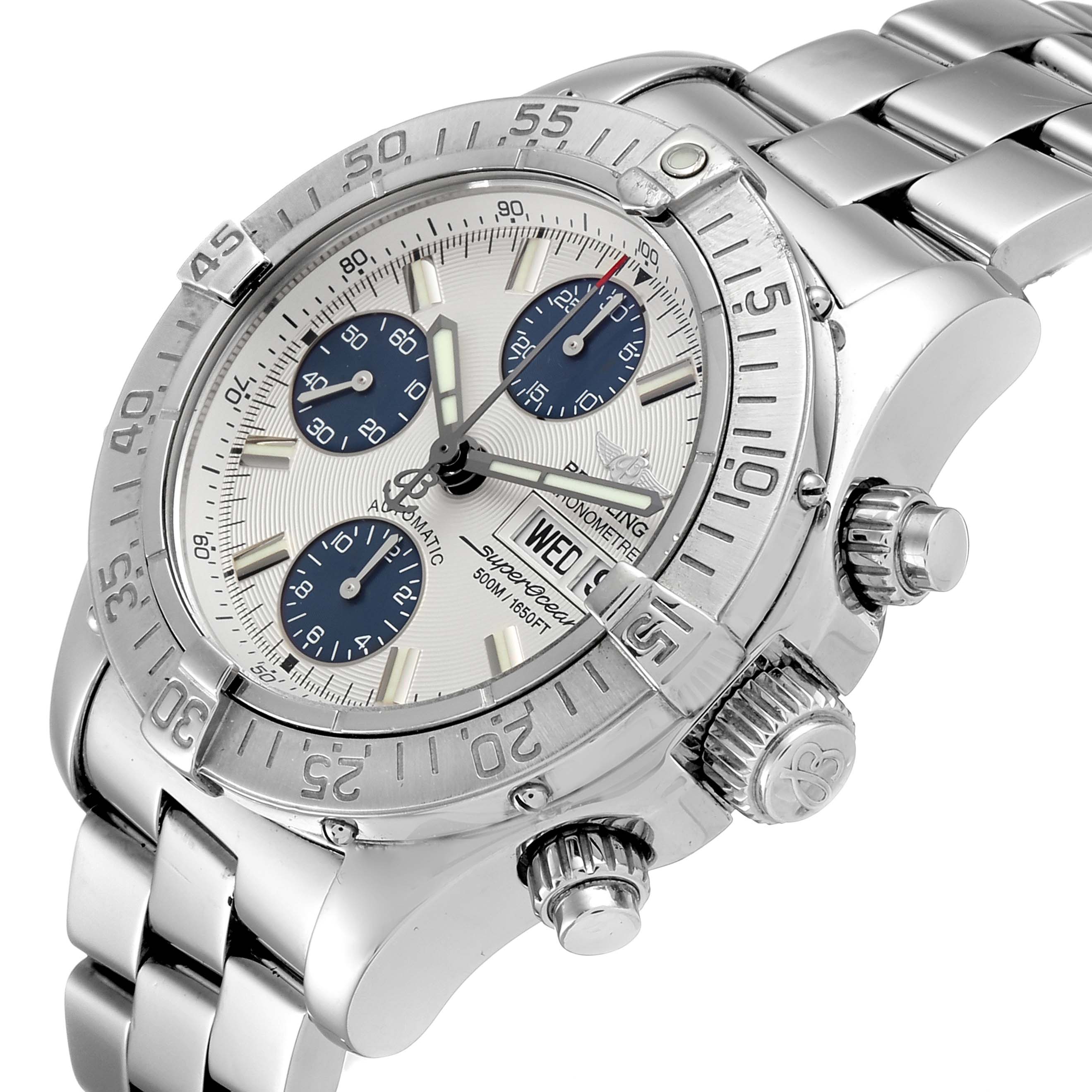 The image shows a Breitling Superocean A13340 Men's Stainless Steel Beige Dial A13340 Men's Stainless Steel Beige Dial watch at an angled view, highlighting its bezel, face, and steel bracelet.