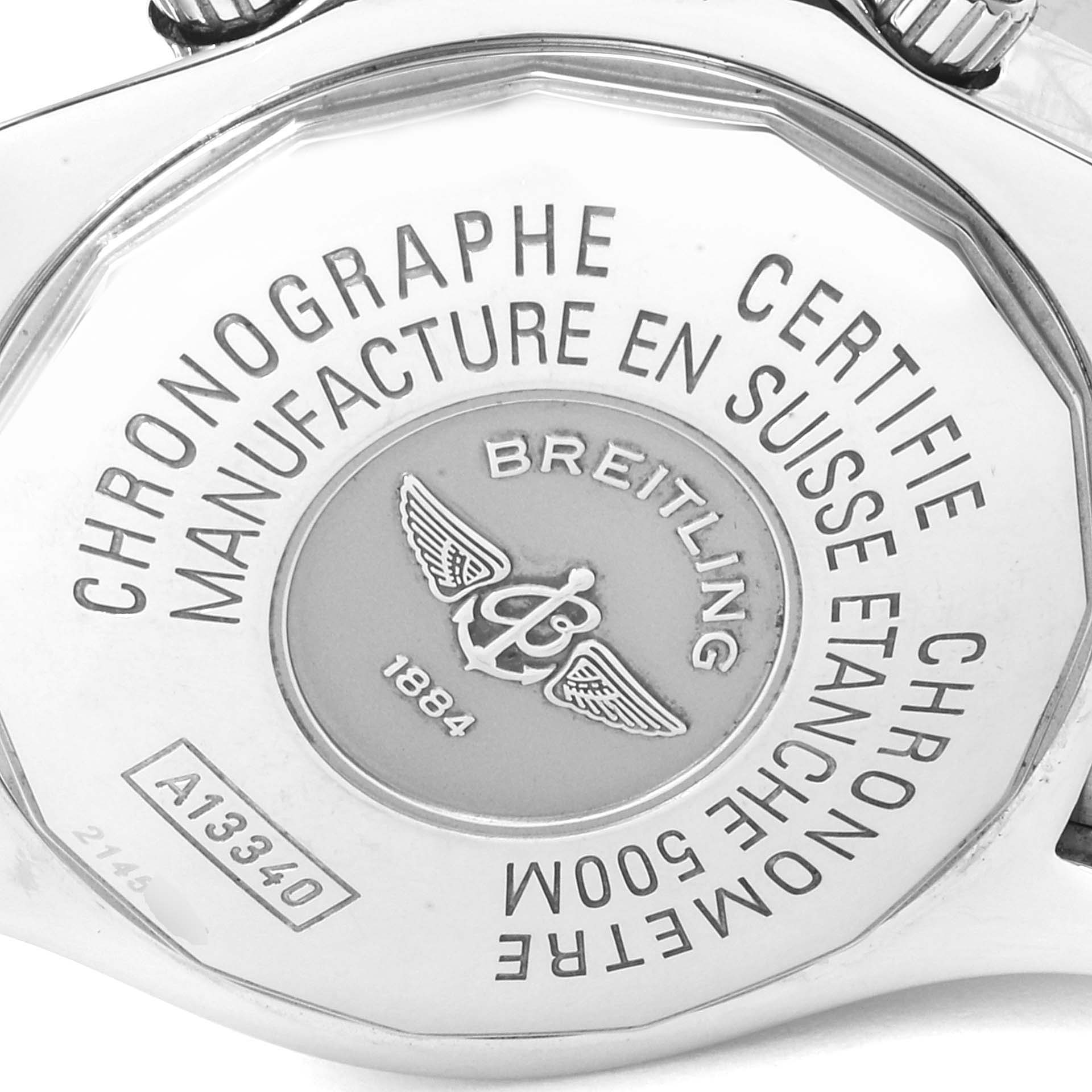 The image shows the back case of a Breitling Superocean A13340 Men's Stainless Steel Beige Dial A13340 Men's Stainless Steel Beige Dial watch, highlighting its engravings and logo.