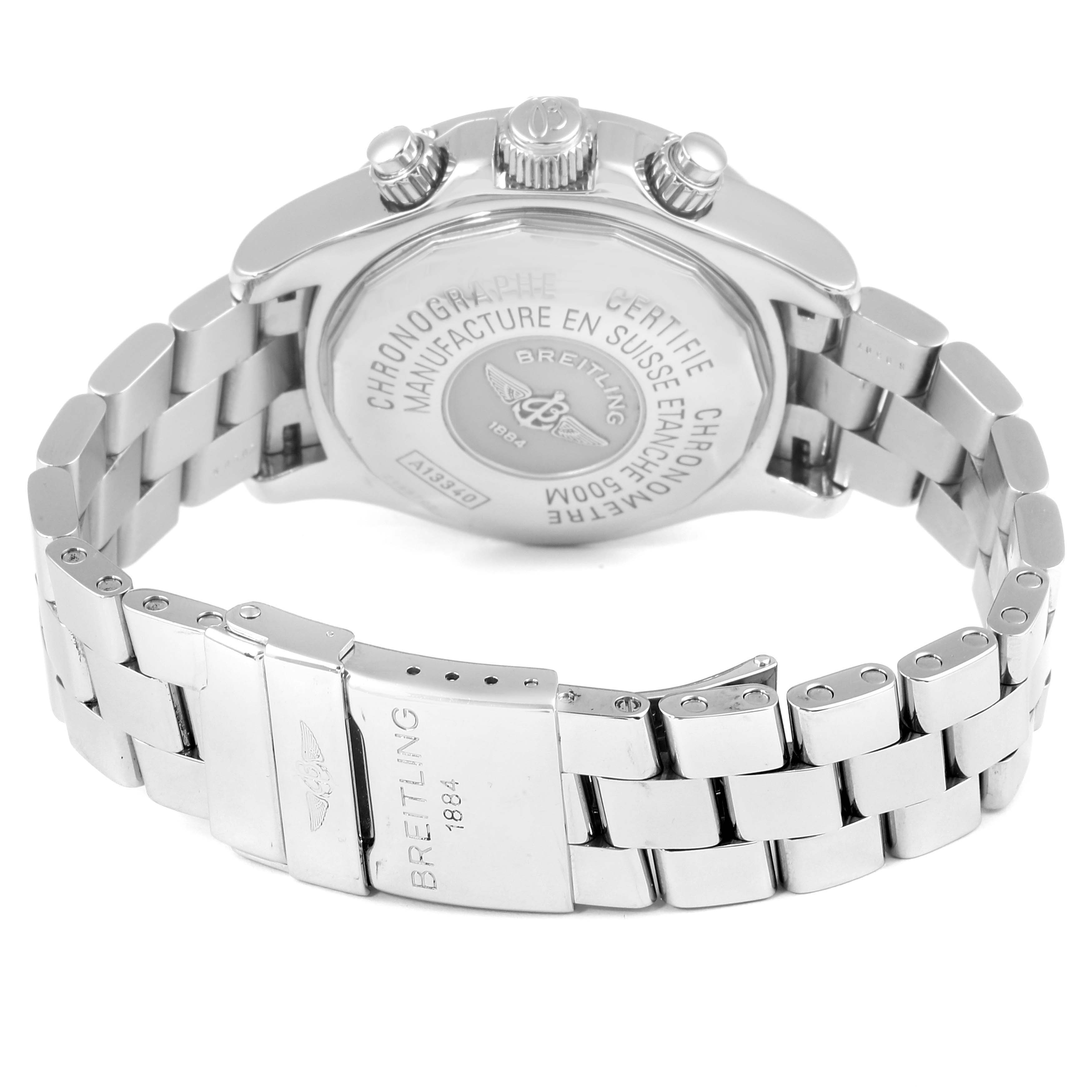 The image shows the back and side of a Breitling Superocean A13340 Men's Stainless Steel Beige Dial A13340 Men's Stainless Steel Beige Dial watch, featuring the stainless steel bracelet and clasp.