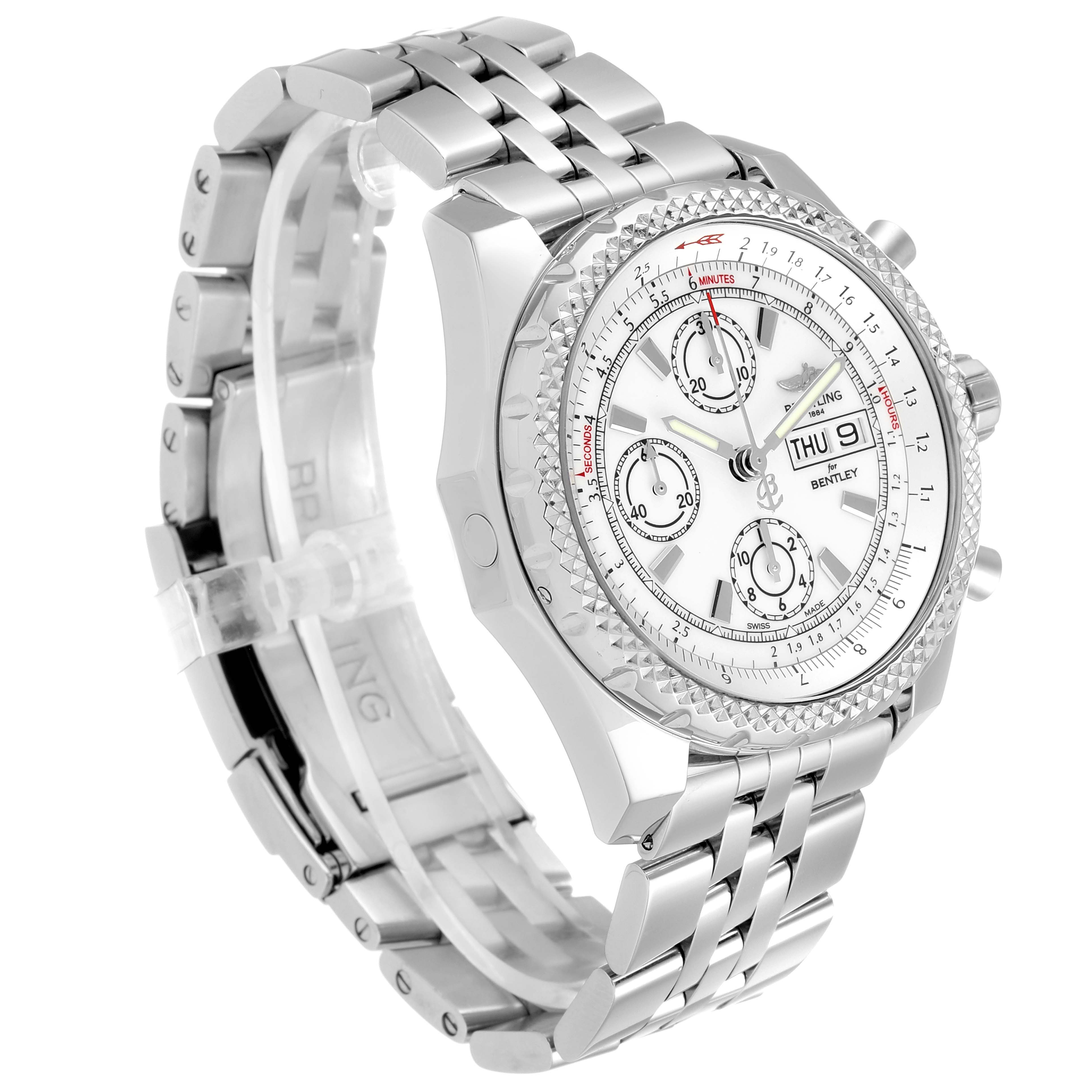 The image shows a Breitling Bentley A13362 Men's Stainless Steel White Dial A13362 Men's Stainless Steel White Dial watch at a three-quarter angle highlighting the face, bezel, crown, and stainless steel bracelet.