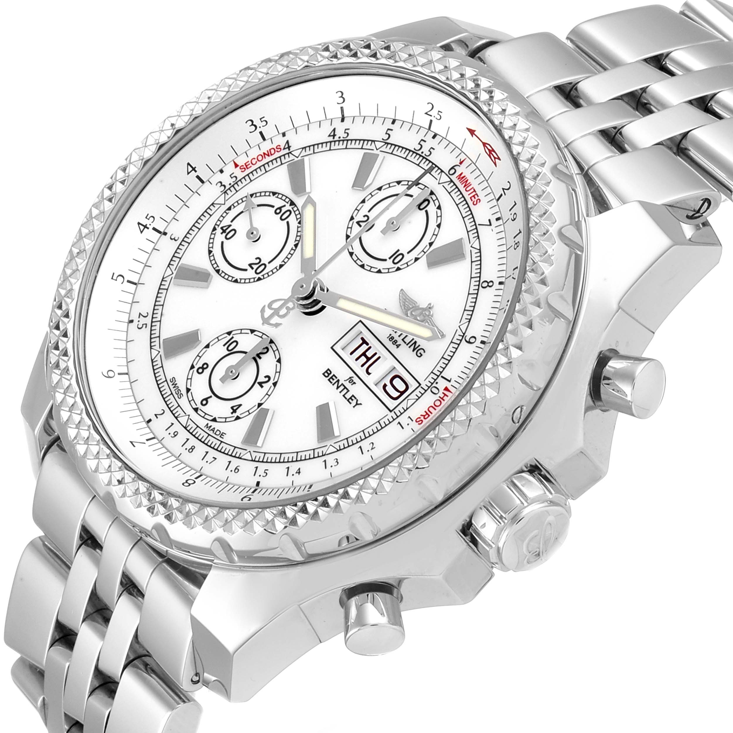 The image shows a Breitling Bentley A13362 Men's Stainless Steel White Dial A13362 Men's Stainless Steel White Dial watch from a front-side angle, highlighting the face, dial, bezel, and bracelet.