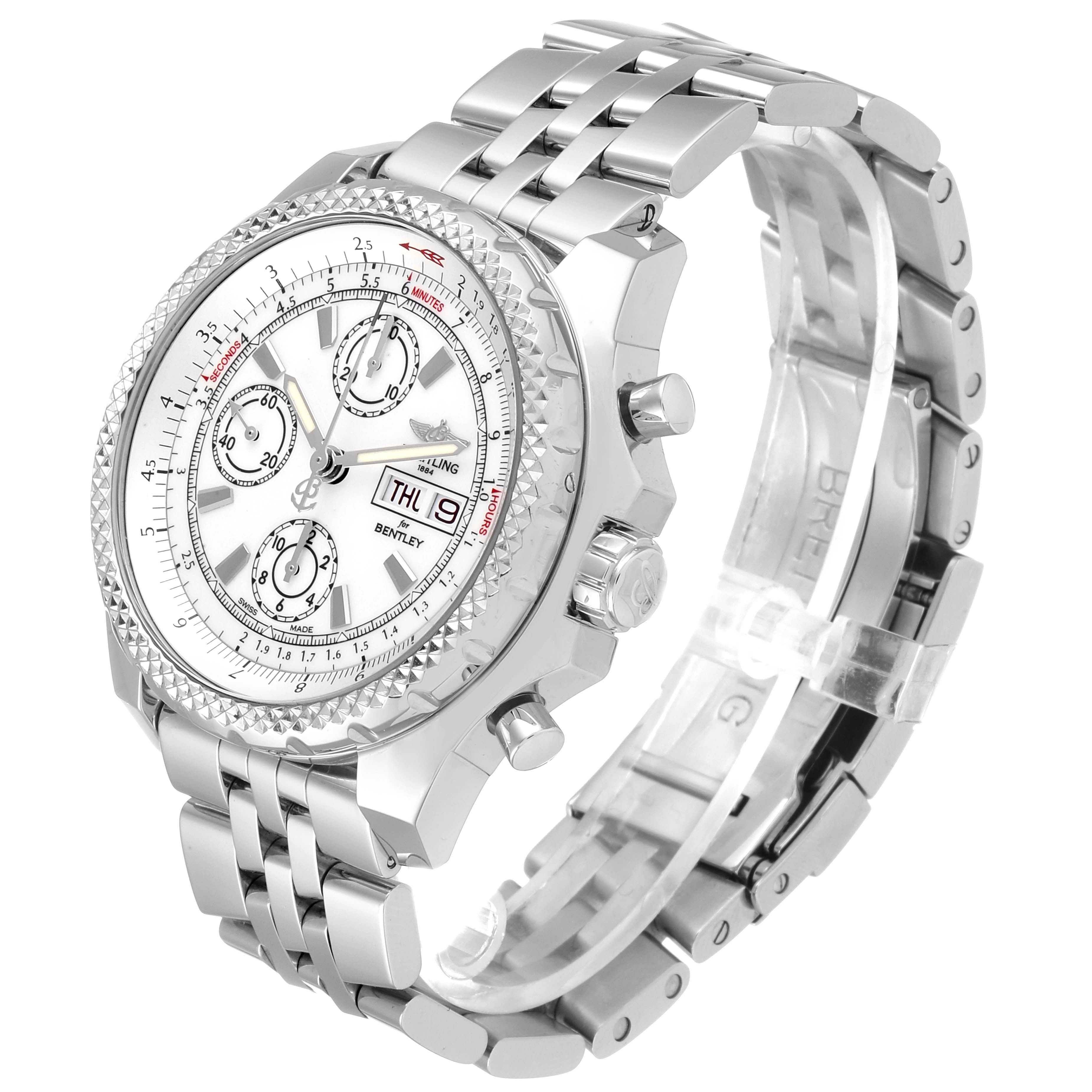 The image shows a side angle of the Breitling Bentley A13362 Men's Stainless Steel White Dial A13362 Men's Stainless Steel White Dial watch, highlighting the bezel, dial, and stainless steel bracelet.