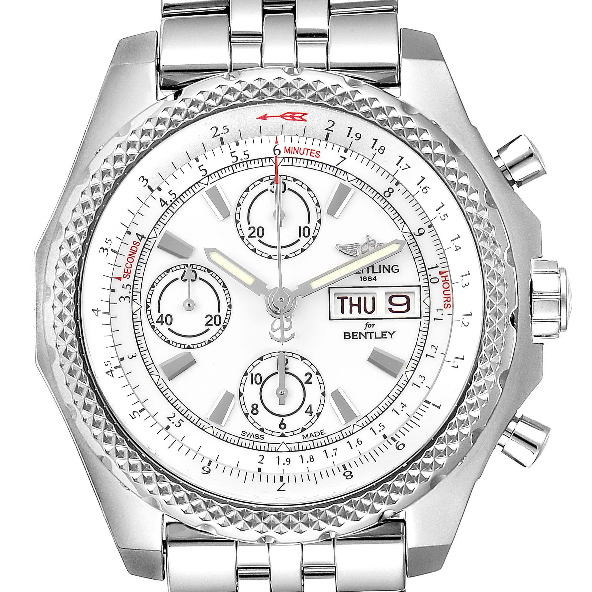 This image shows a front view of the Bentley model by Breitling, highlighting its dial, sub-dials, bezel, and metal bracelet.