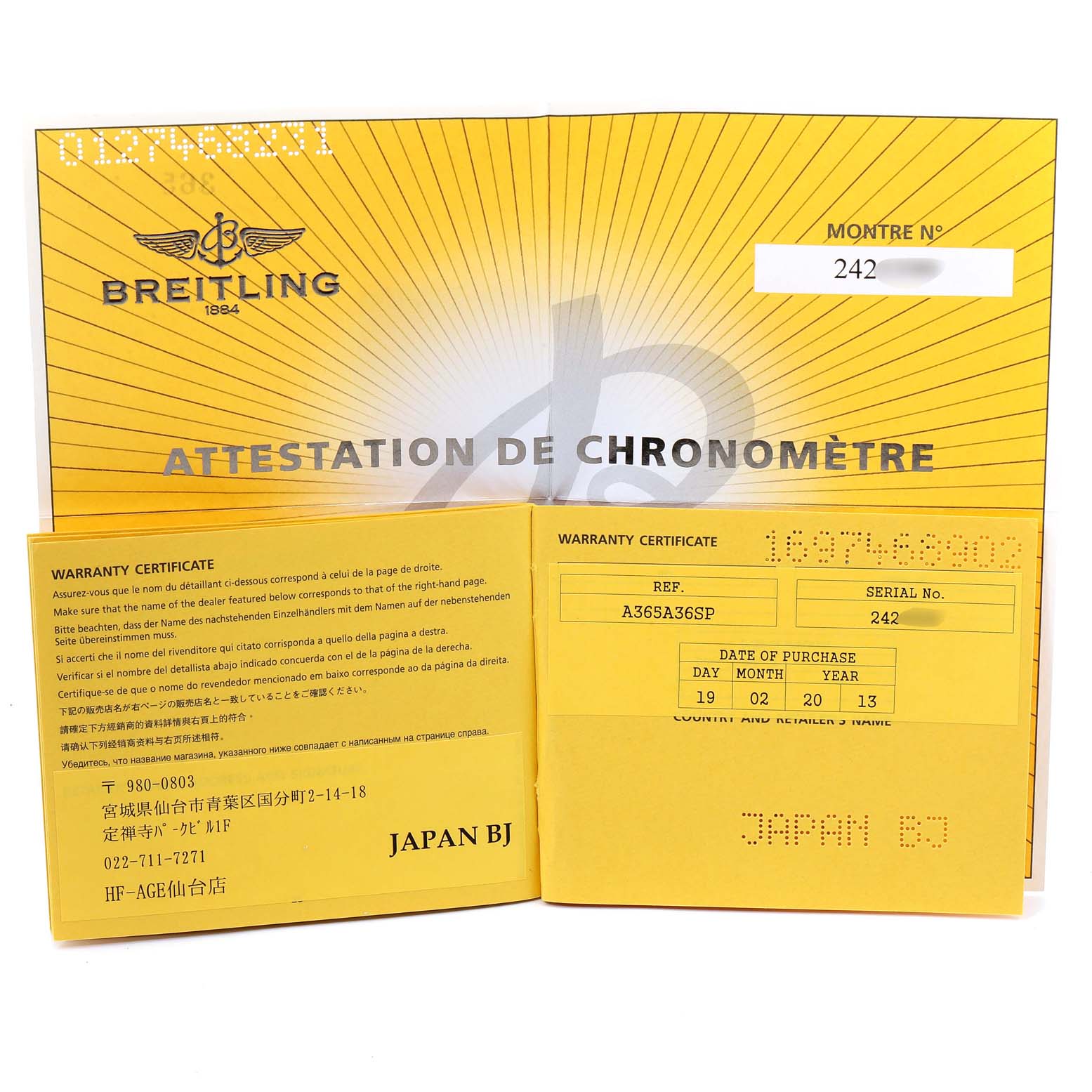 The image shows a warranty certificate and chronometer attestation for a Breitling Bentley A13362 Men's Stainless Steel White Dial A13362 Men's Stainless Steel White Dial watch.