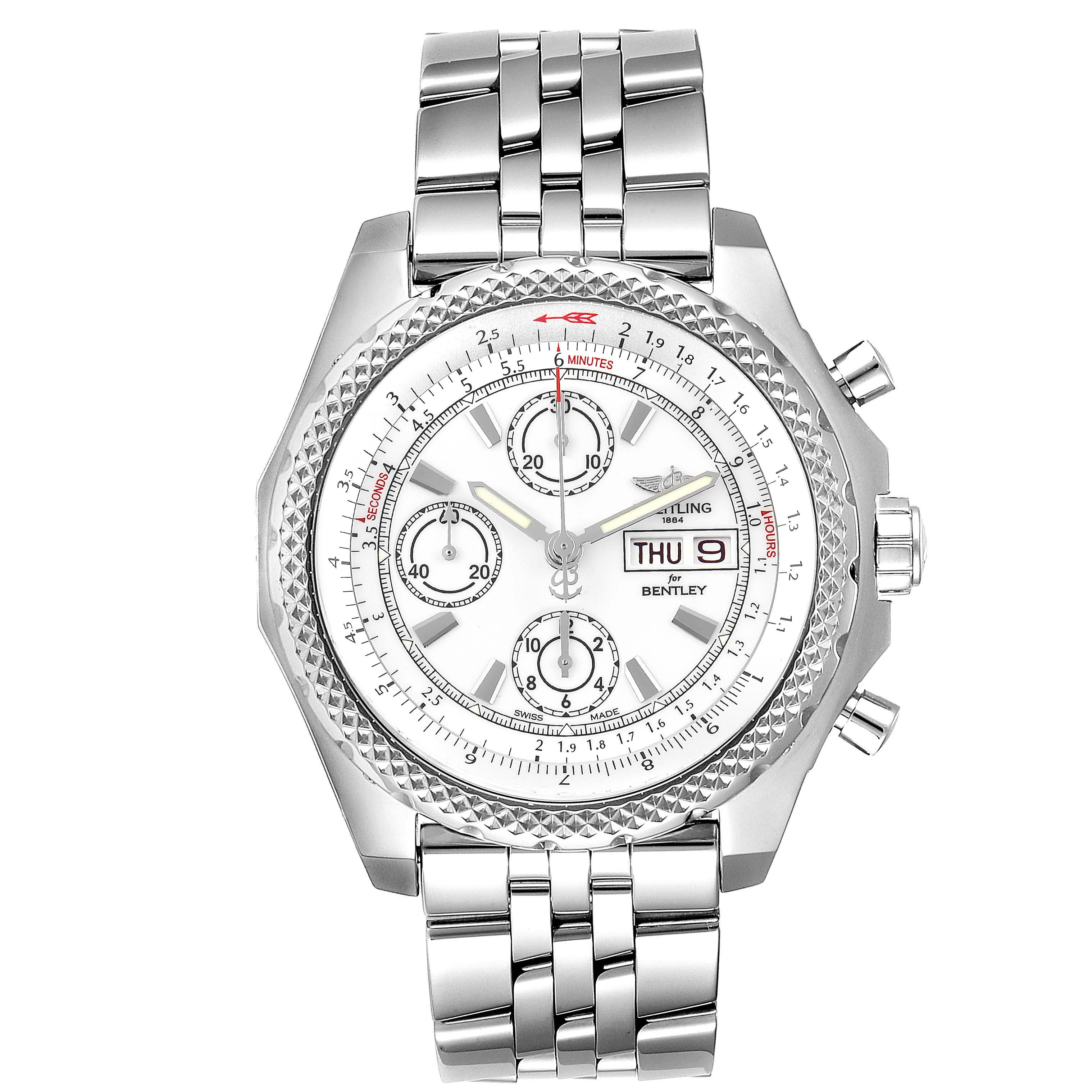 The image shows a front view of a Breitling Bentley A13362 Men's Stainless Steel White Dial A13362 Men's Stainless Steel White Dial model watch with its metal bracelet and chronograph dial.
