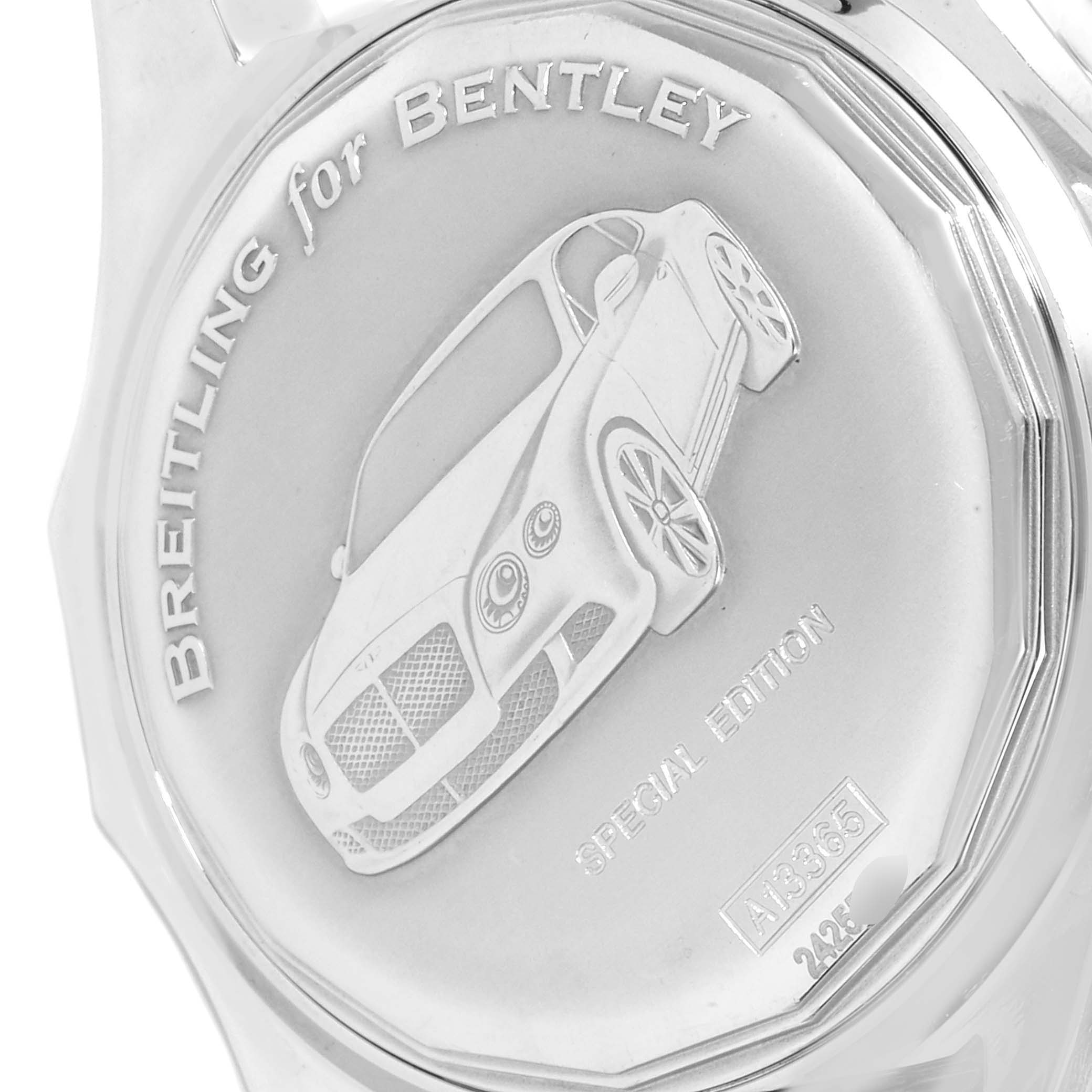 The image shows the back case of a Breitling for Bentley model watch featuring an engraved Bentley car.