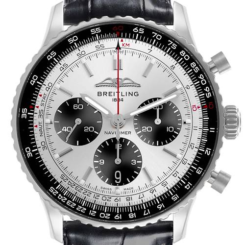 The Breitling Navitimer watch is shown from a front angle, displaying the dial, subdials, bezel, and crown.