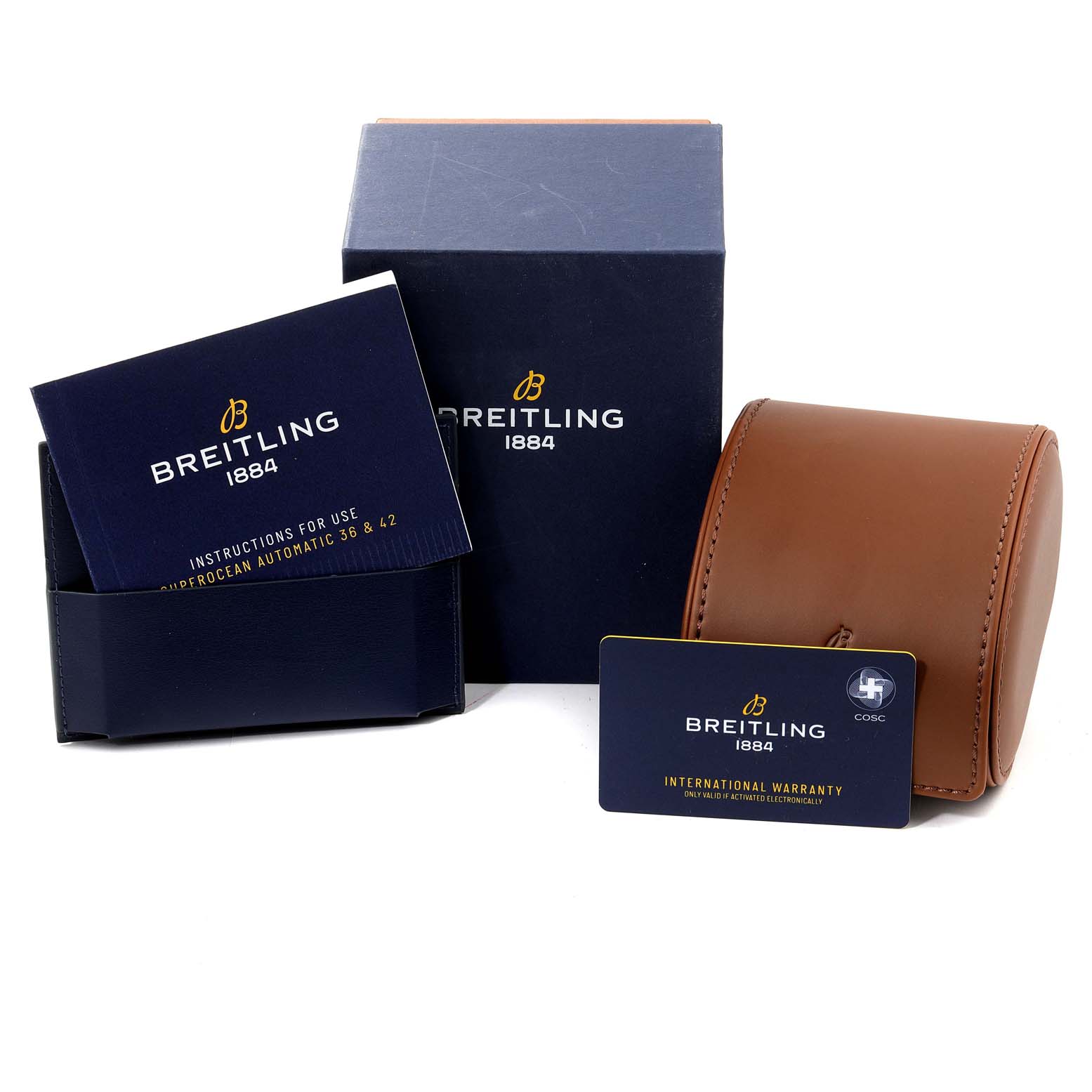The image shows the packaging, a leather case, user manual, and warranty card for the Breitling Superocean A17366 Men's Stainless Steel White Dial A17366 Men's Stainless Steel White Dial watch.