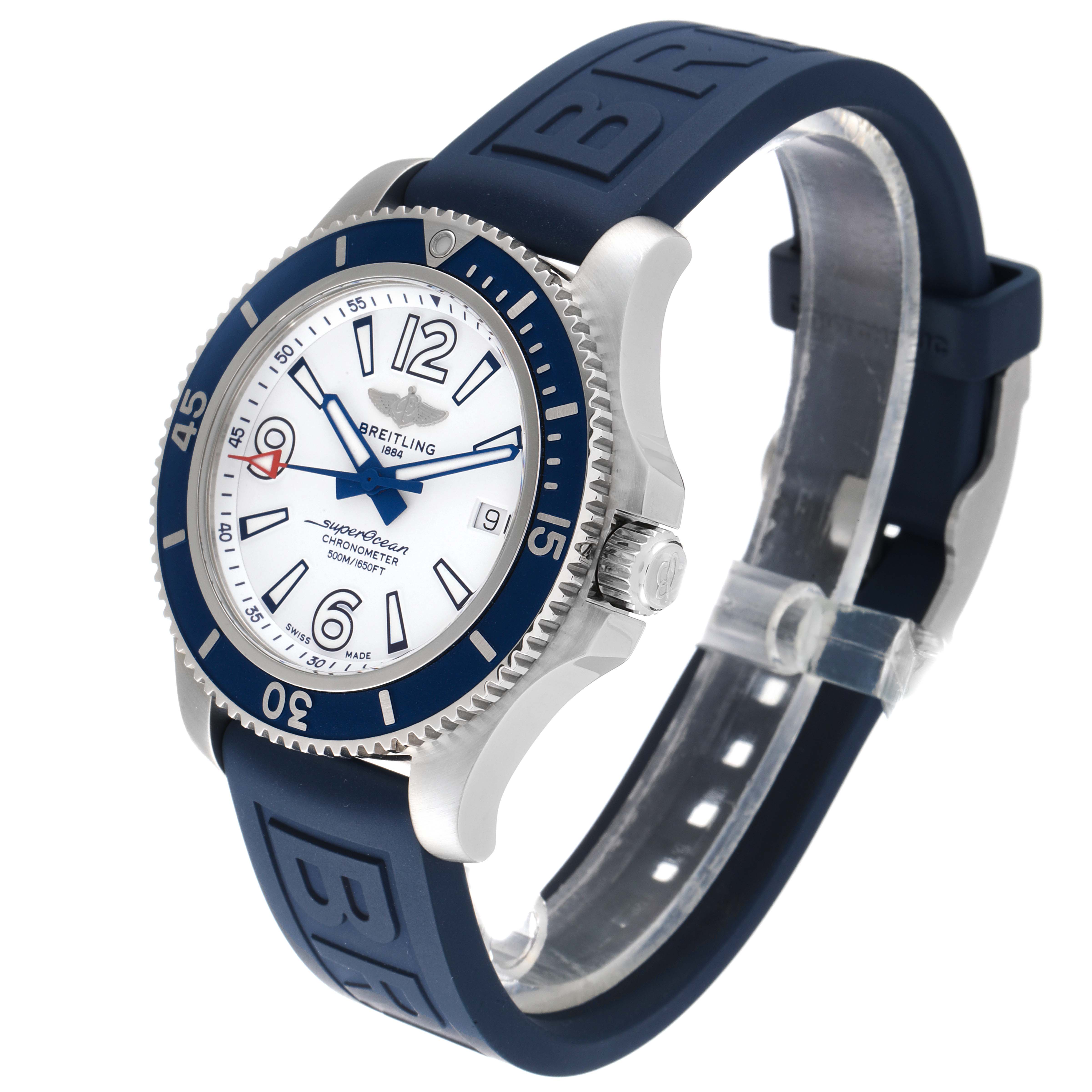 The Breitling Superocean A17366 Men's Stainless Steel White Dial A17366 Men's Stainless Steel White Dial watch is shown at a three-quarter angle, displaying the face, bezel, crown, and blue rubber strap.