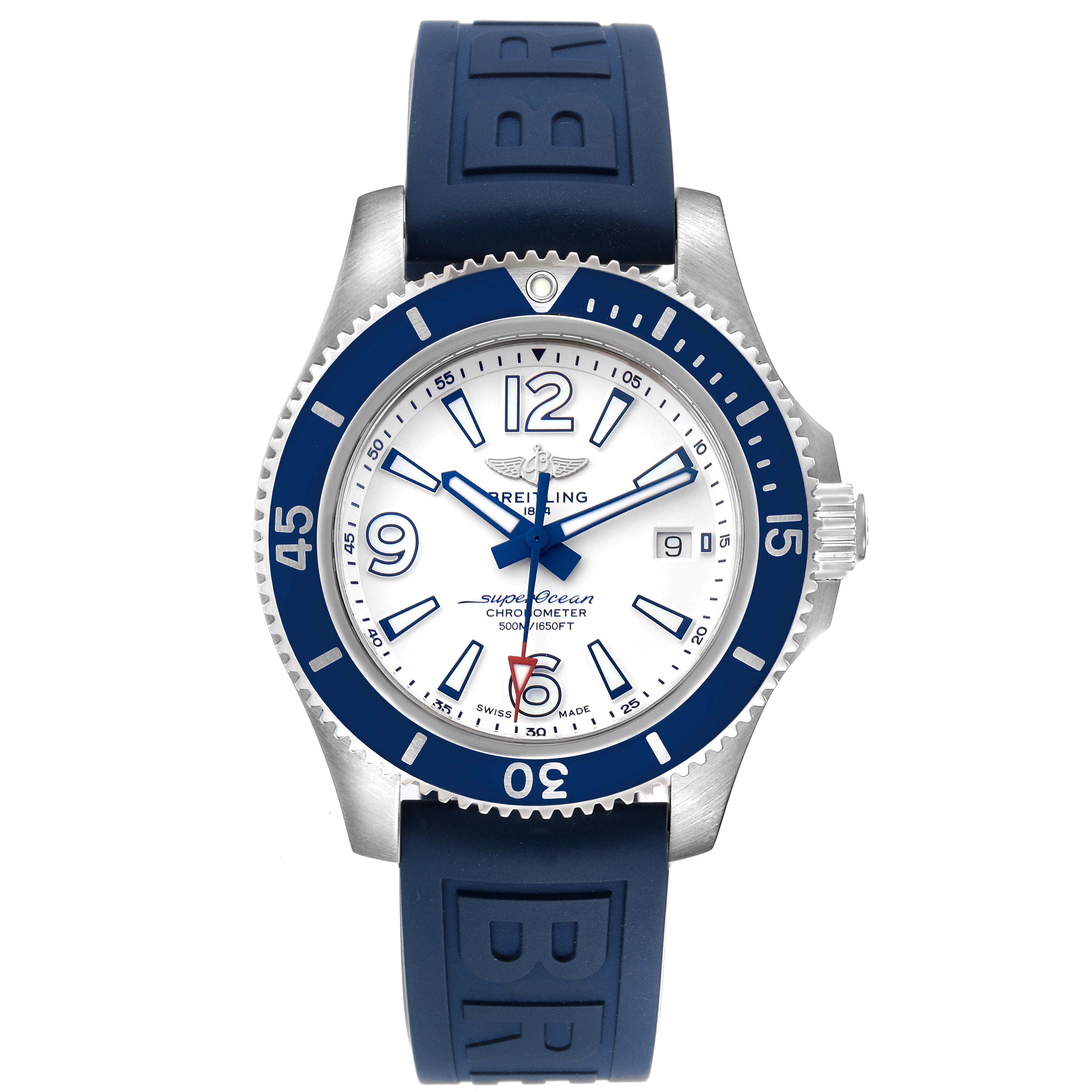 This image shows a Breitling Superocean A17366 Men's Stainless Steel White Dial A17366 Men's Stainless Steel White Dial watch front view, featuring a blue bezel, white dial, and blue rubber strap.