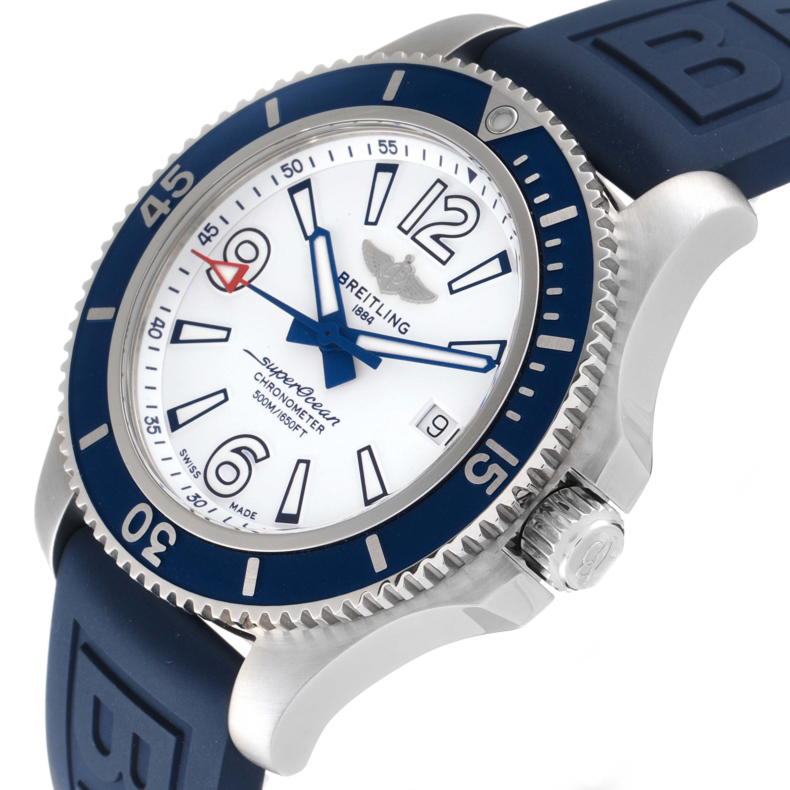 The image shows a Breitling Superocean A17366 Men's Stainless Steel White Dial A17366 Men's Stainless Steel White Dial watch from a three-quarter angle, highlighting the face, bezel, crown, and strap.