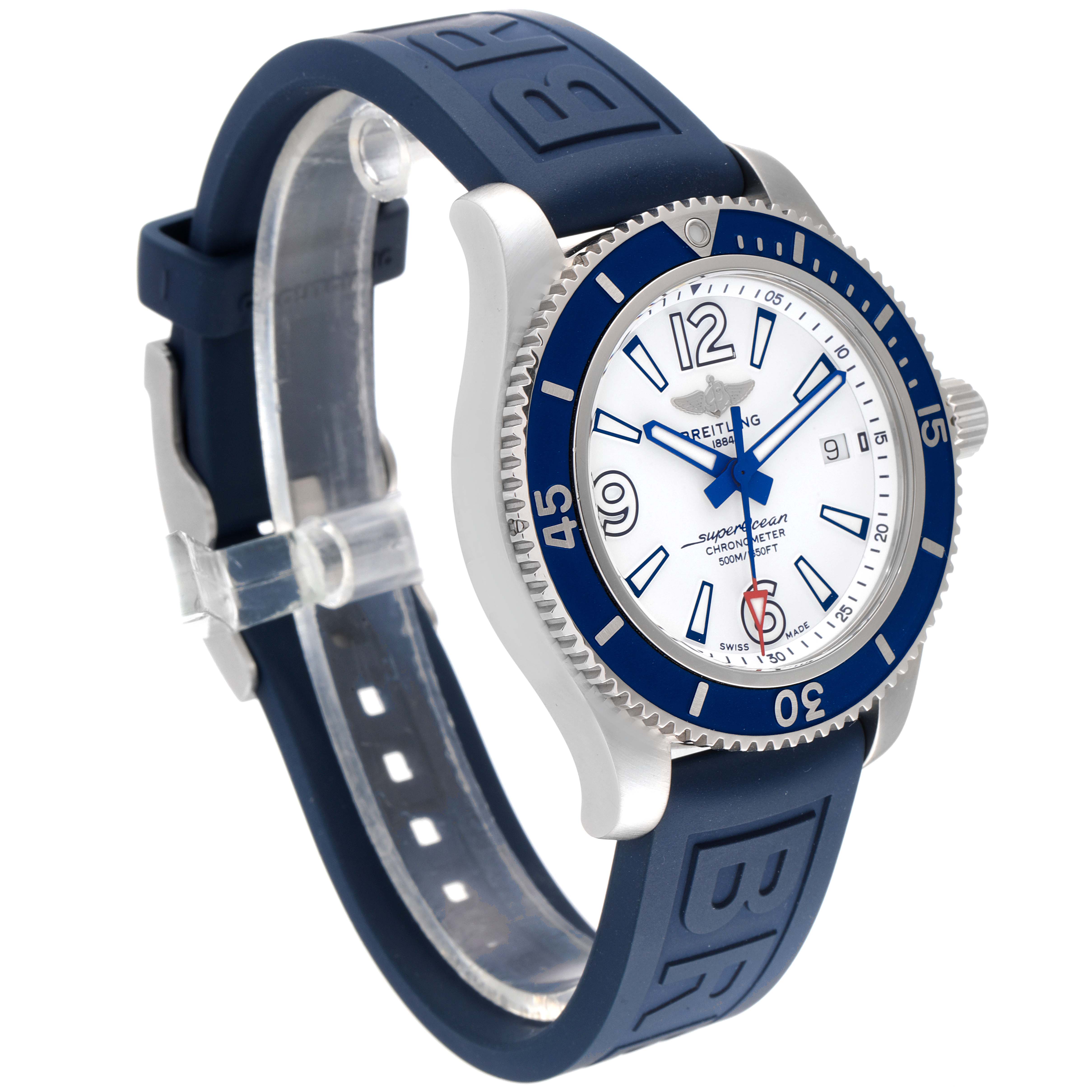This Breitling Superocean A17366 Men's Stainless Steel White Dial A17366 Men's Stainless Steel White Dial watch is shown at an angled view, displaying the face, bezel, and blue rubber strap.