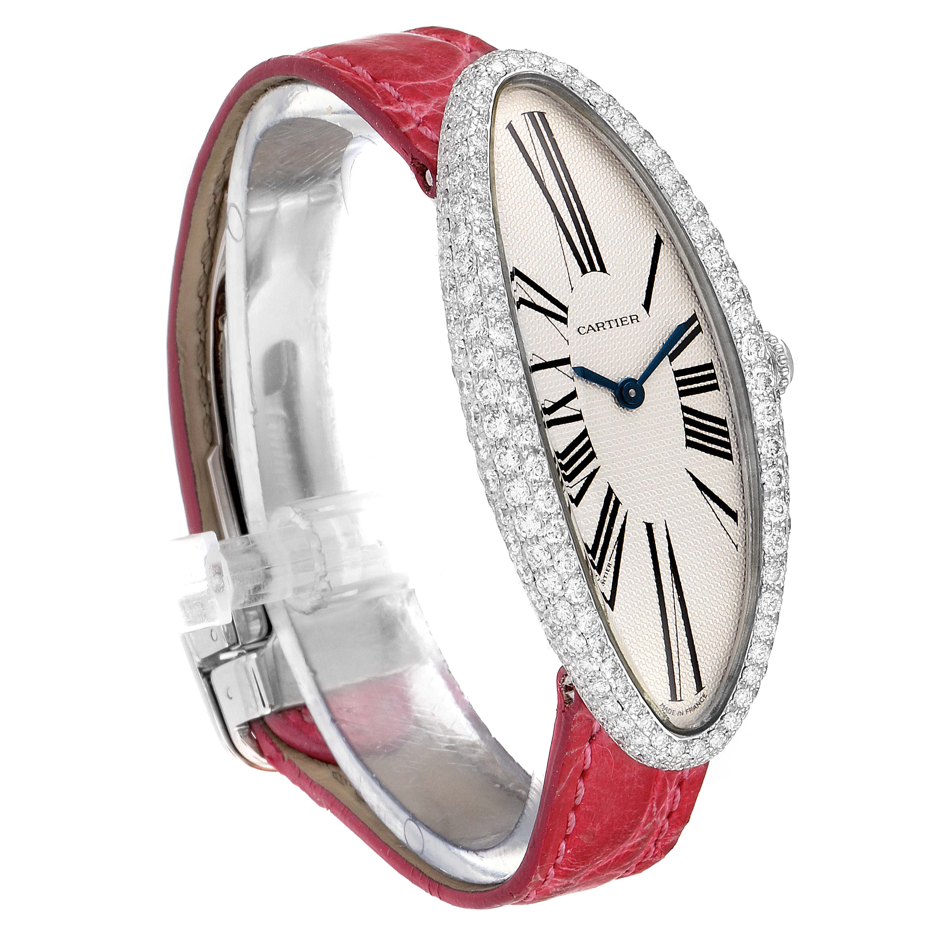 The image shows a Cartier Baignoire WB510931 Women's White Gold Silver Dial WB510931 Women's White Gold Silver Dial watch from a side angle, highlighting its oval diamond-studded bezel and red strap.