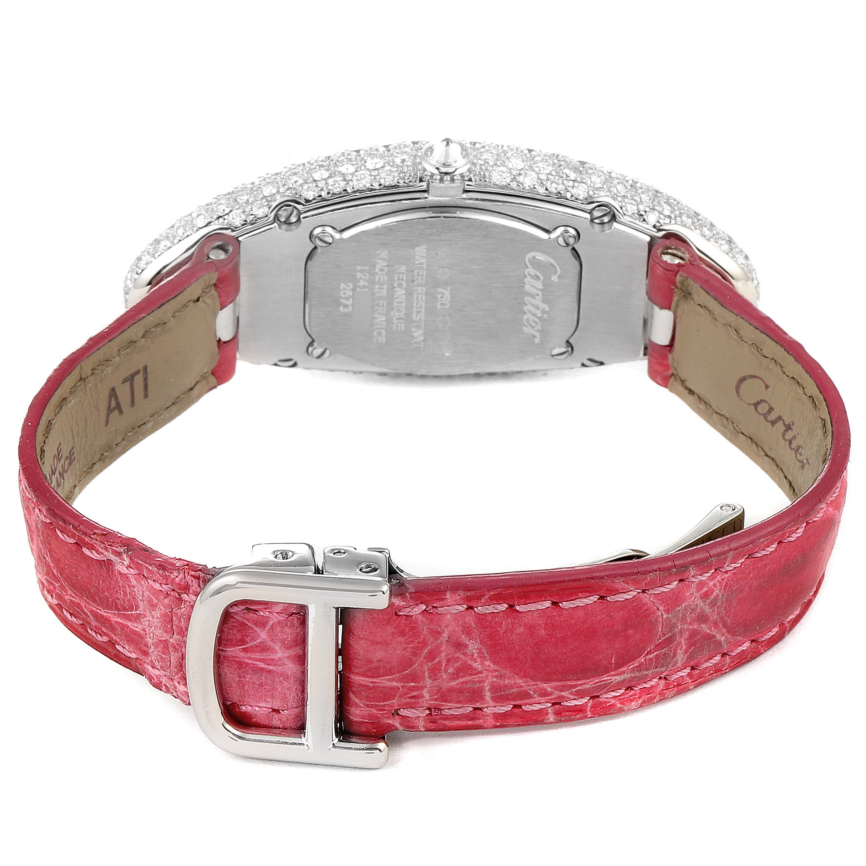 The image shows the back of a Cartier Baignoire WB510931 Women's White Gold Silver Dial WB510931 Women's White Gold Silver Dial watch with a closed pink leather strap and visible engravings on the case back.