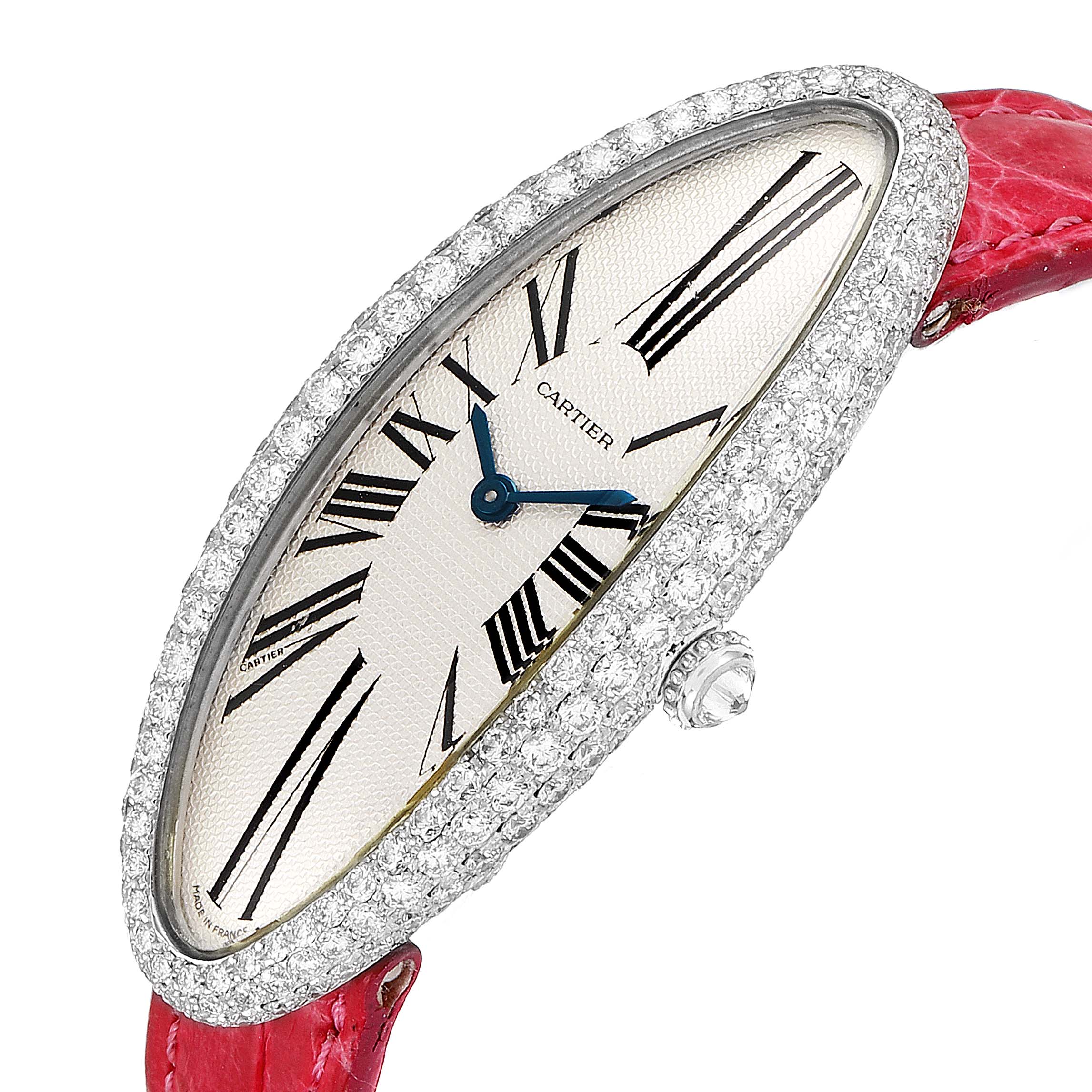 This image shows a close-up angle of the Cartier Baignoire WB510931 Women's White Gold Silver Dial WB510931 Women's White Gold Silver Dial watch, highlighting its oval face with diamond bezel and red strap.