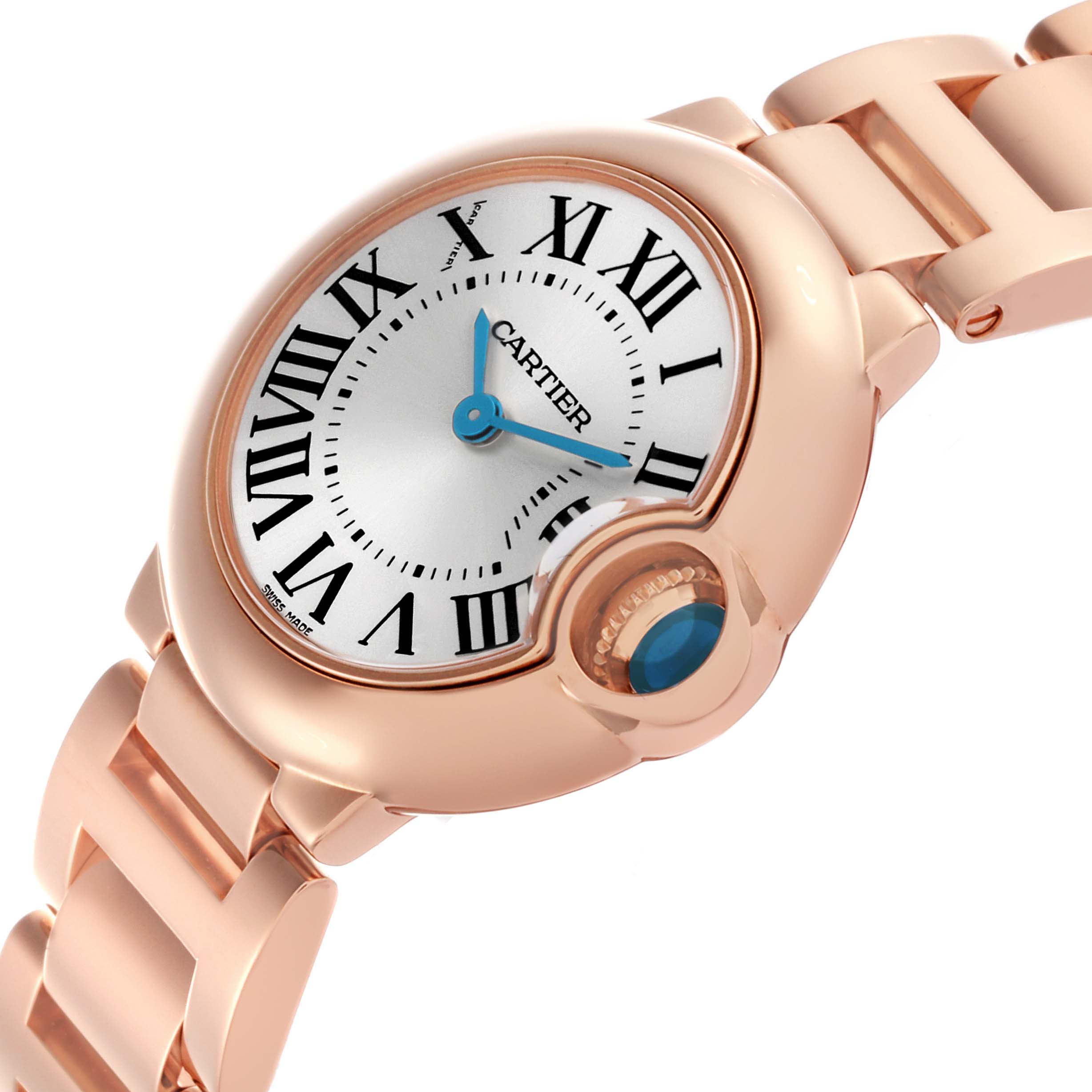 The Cartier Ballon Bleu W69002Z2 Women's Rose Gold White Dial W69002Z2 Women's Rose Gold White Dial watch is shown at an angled close-up, highlighting the face, crown, and bracelet.