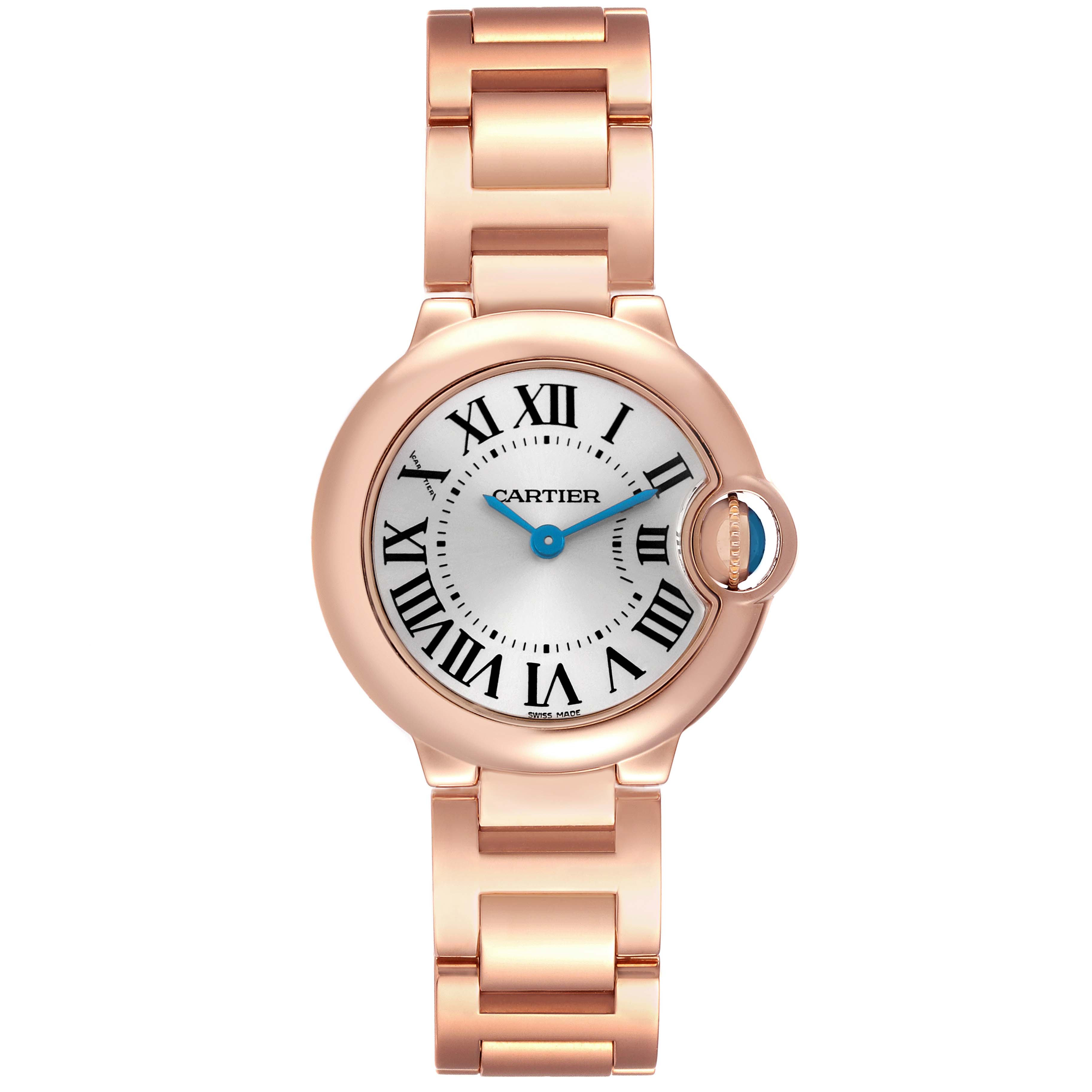 The Cartier Ballon Bleu W69002Z2 Women's Rose Gold White Dial W69002Z2 Women's Rose Gold White Dial watch is shown from a front angle, highlighting the dial, hands, and rose gold bracelet.
