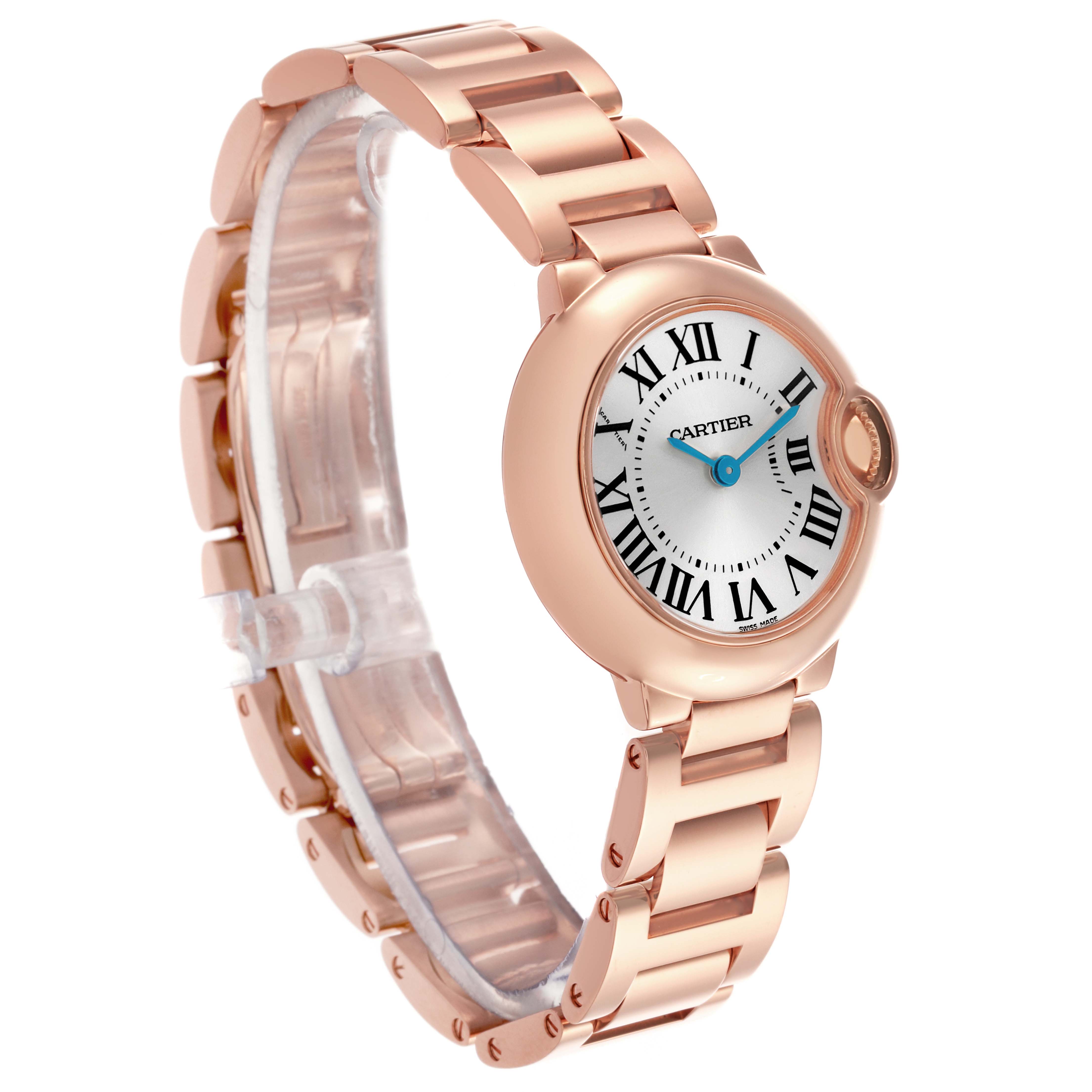 The Cartier Ballon Bleu W69002Z2 Women's Rose Gold White Dial W69002Z2 Women's Rose Gold White Dial watch is shown at a side angle, highlighting the rose gold case, bracelet, and Roman numeral dial.
