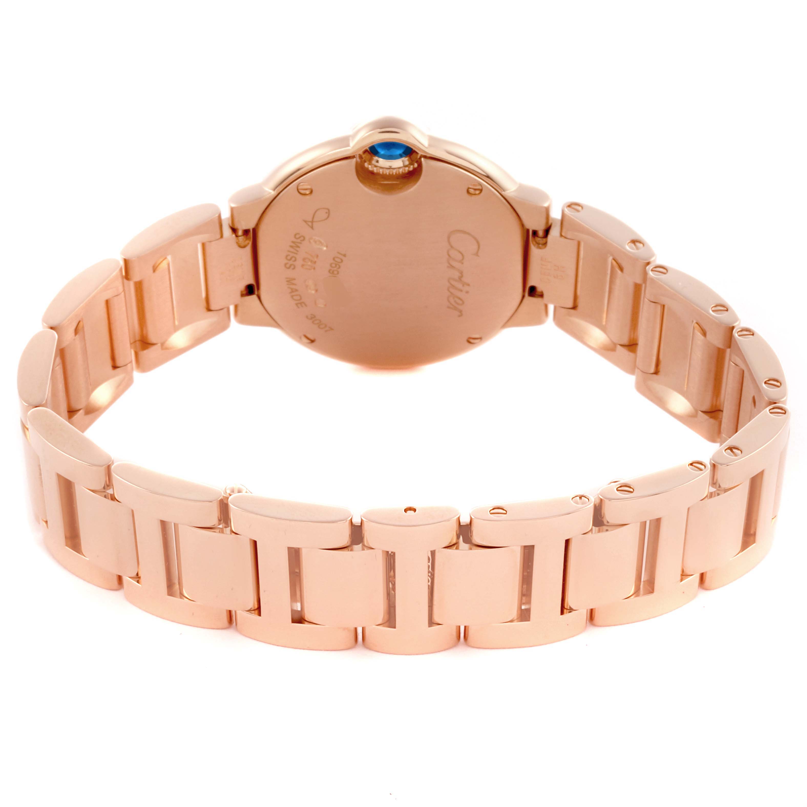 The image shows the back view of a Cartier Ballon Bleu W69002Z2 Women's Rose Gold White Dial W69002Z2 Women's Rose Gold White Dial watch, highlighting its gold bracelet and case.