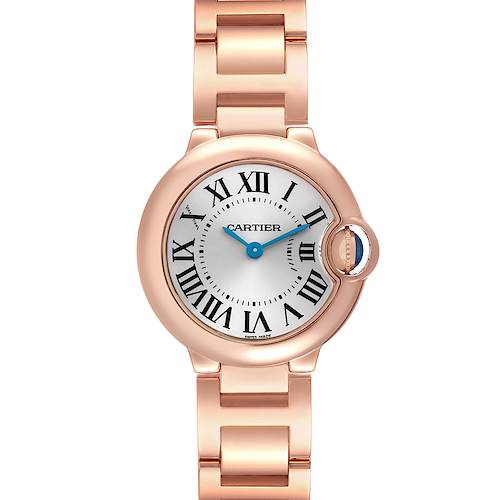 The Cartier Ballon Bleu watch is shown from a front angle, displaying the dial, Roman numerals, and bracelet links.