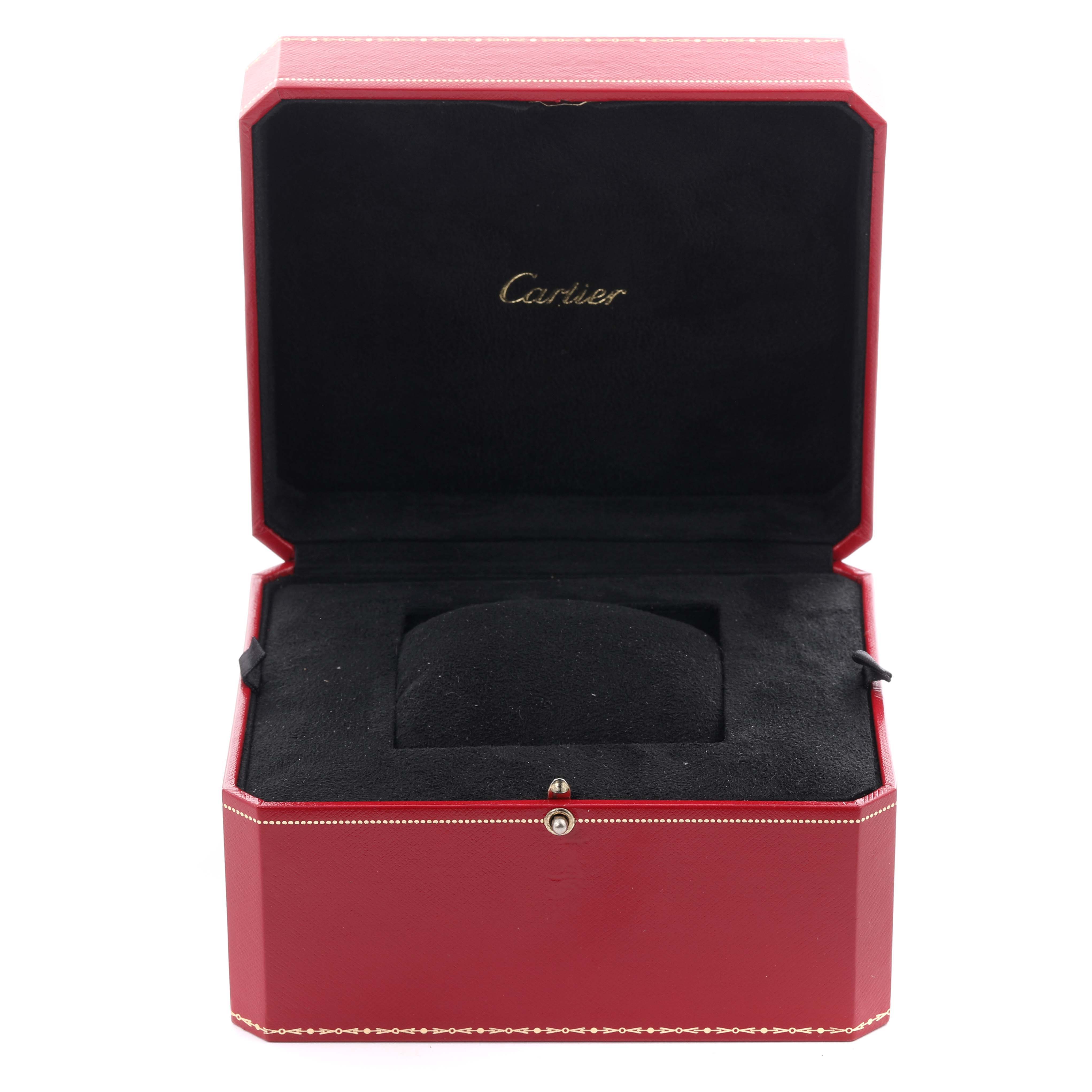 The image shows an open red Cartier watch box for the Ballon Bleu model, displaying its padded interior.