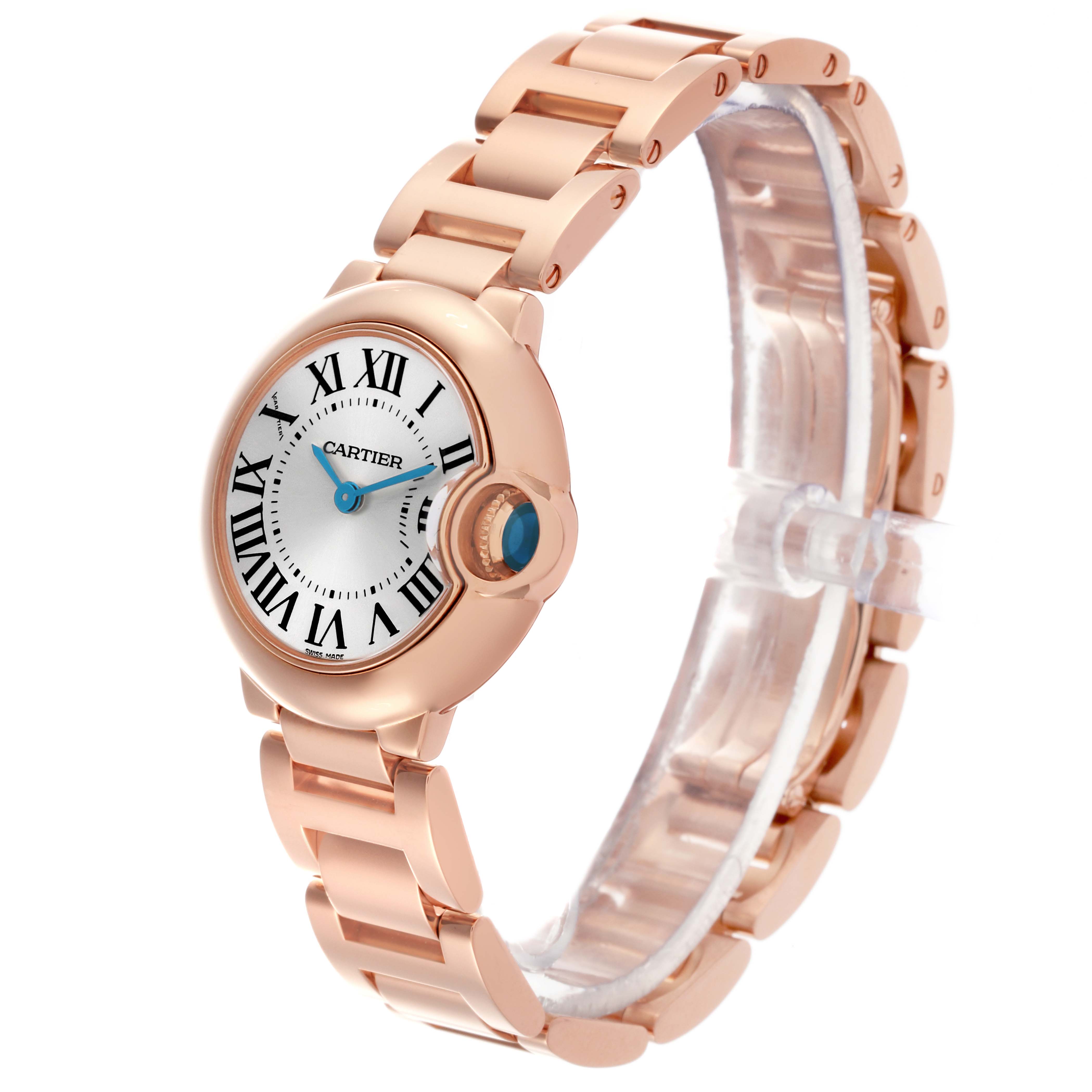 The Cartier Ballon Bleu W69002Z2 Women's Rose Gold White Dial W69002Z2 Women's Rose Gold White Dial watch is shown at an angled view, highlighting the face, Roman numerals, and rose gold bracelet.