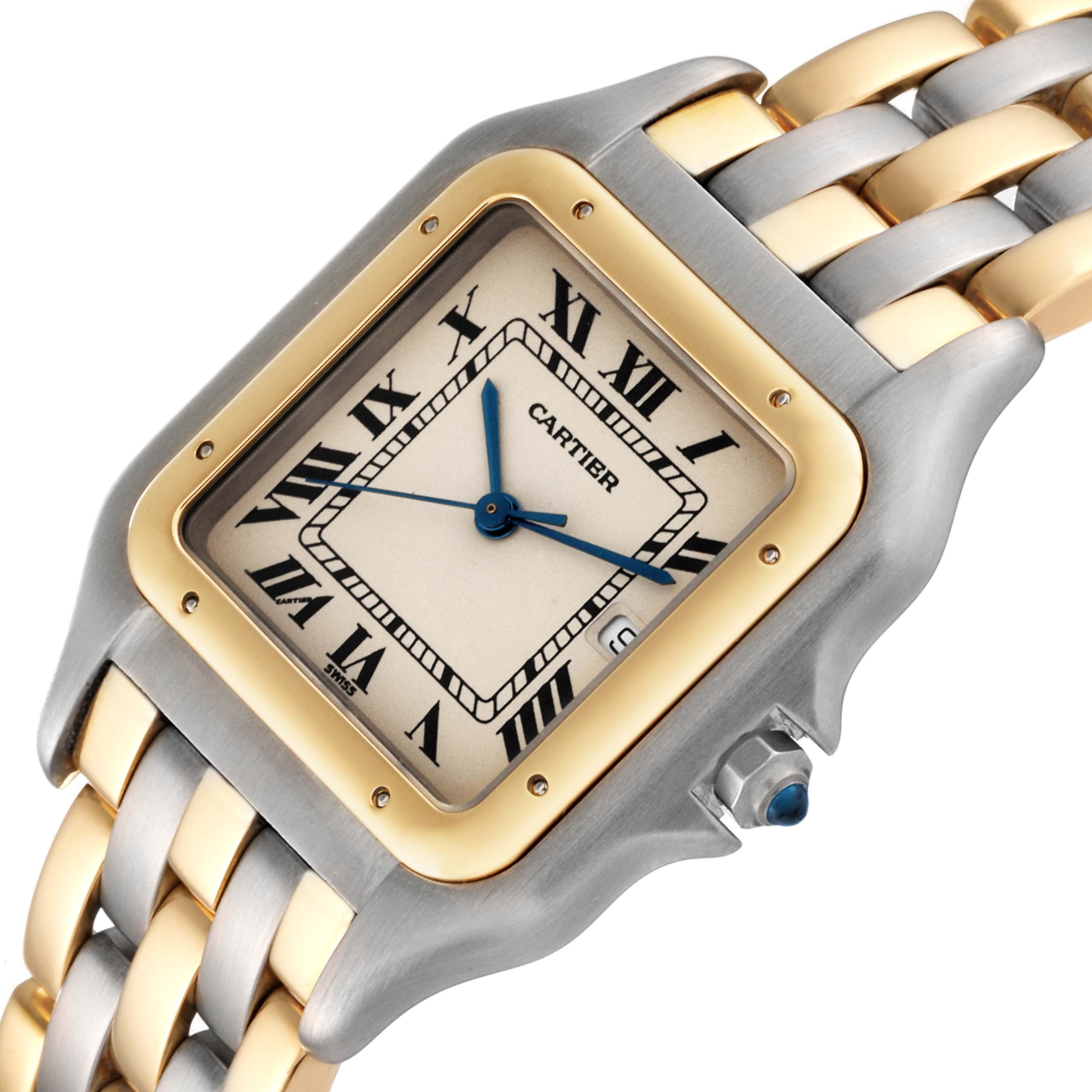 The image shows a Cartier Panthere 183957 Men's Steel and Gold (two tone) Silver Dial 183957 Men's Steel and Gold (two tone) Silver Dial watch at an angled close-up, highlighting the face, bezel, bracelet, and crown with a cabochon.