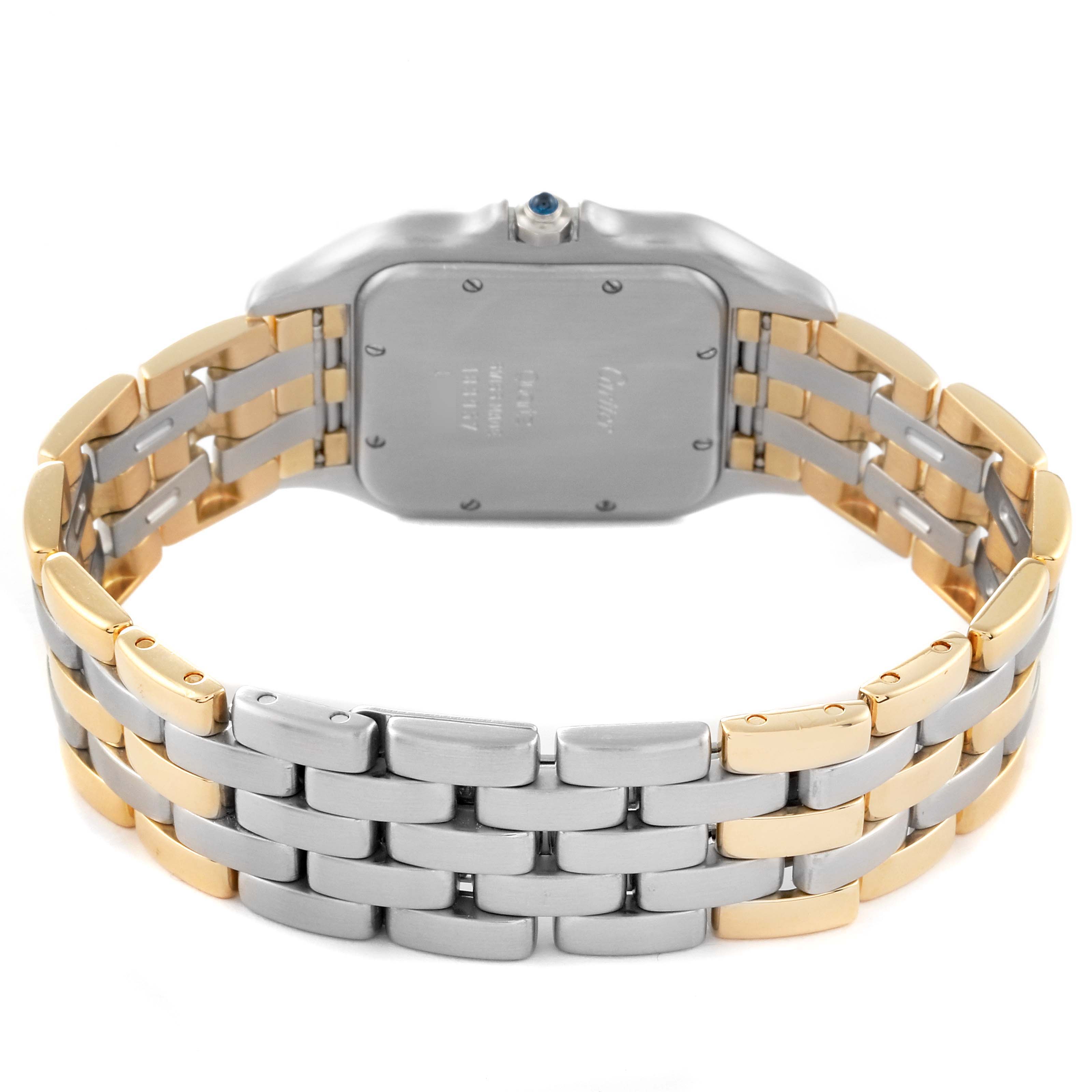 The image shows the back case and band of the Cartier Panthère model watch, emphasizing its two-tone metal bracelet.
