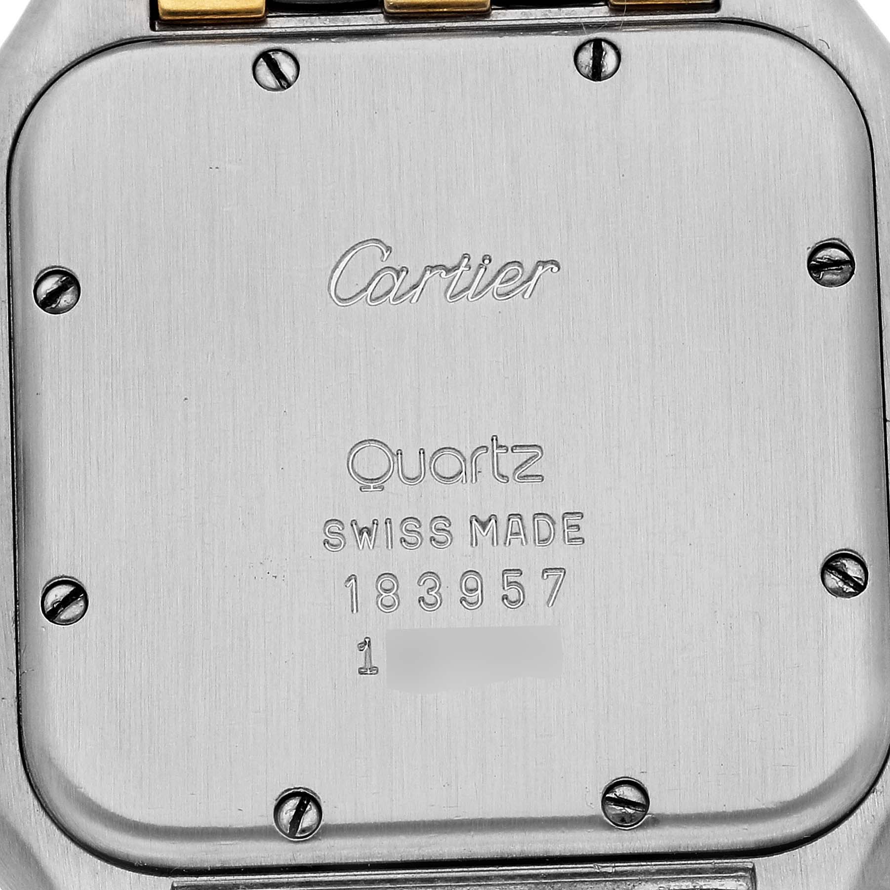The image shows the case back of the Cartier Panthere 183957 Men's Steel and Gold (two tone) Silver Dial 183957 Men's Steel and Gold (two tone) Silver Dial watch, displaying the brand, model name, and serial number.