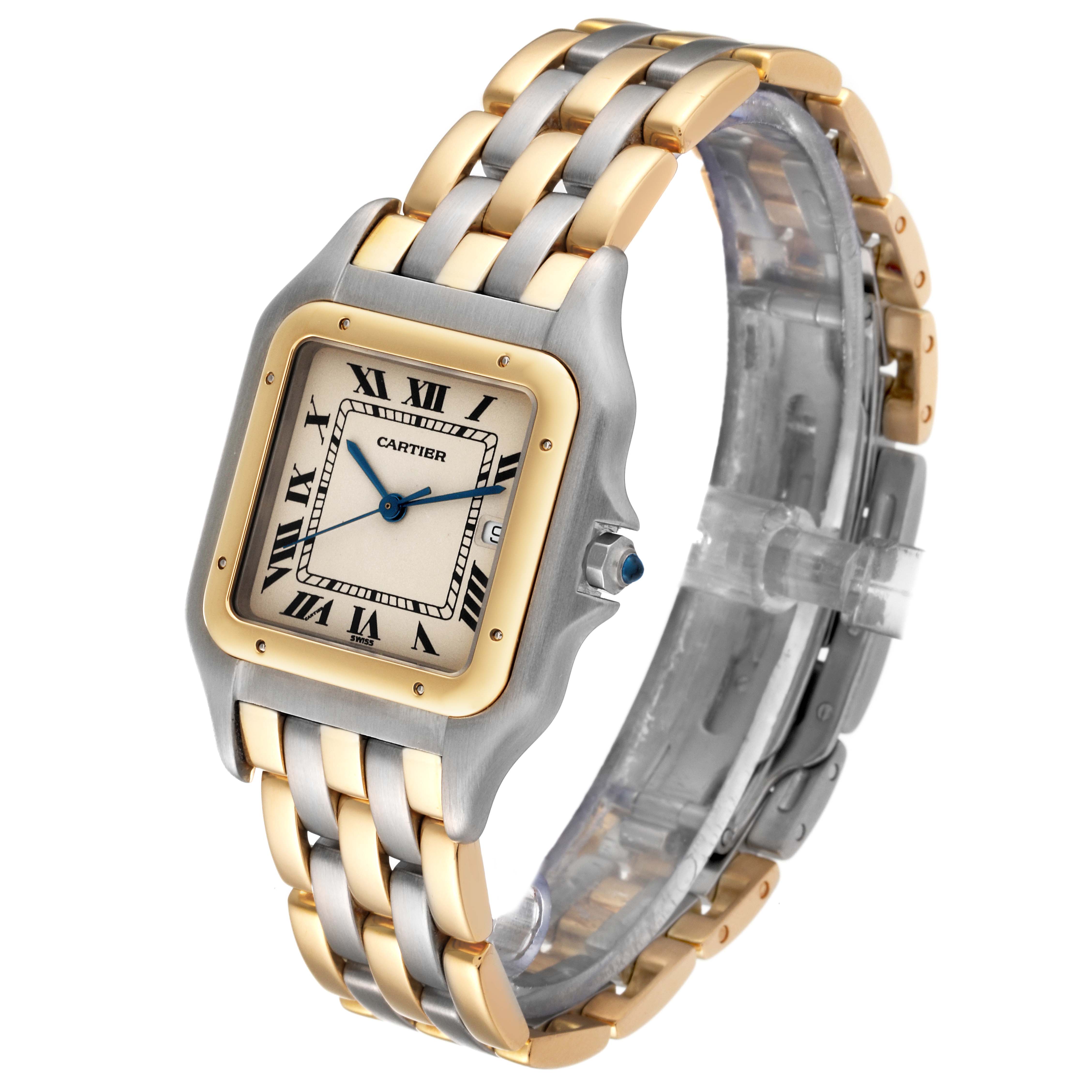 The Cartier Panthere 183957 Men's Steel and Gold (two tone) Silver Dial 183957 Men's Steel and Gold (two tone) Silver Dial model watch is shown at a three-quarter angle, displaying the face, bezel, and bracelet links.